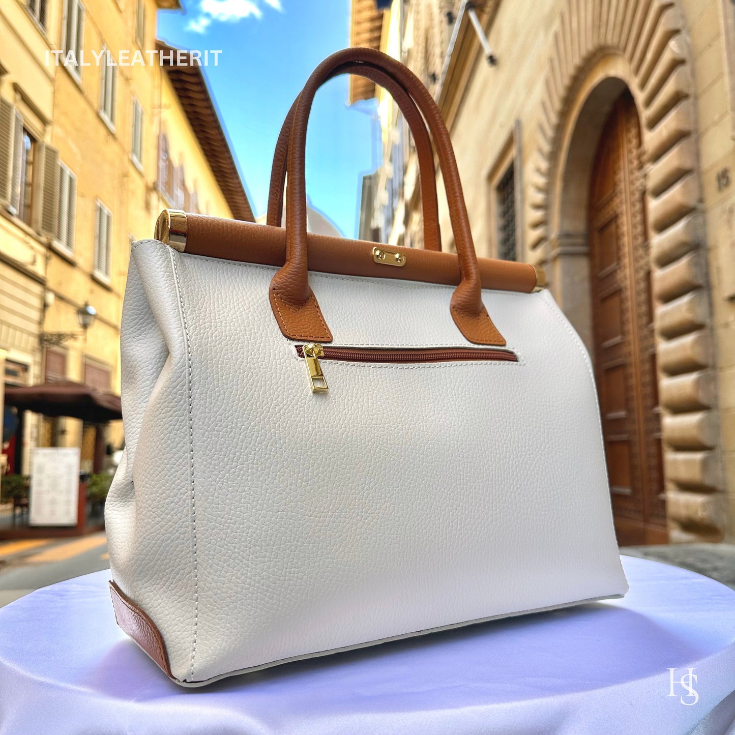 Italian Handmade Leather Bags For Women l l Elegant Leather Tote From Florence, white brown bag, Lock bag