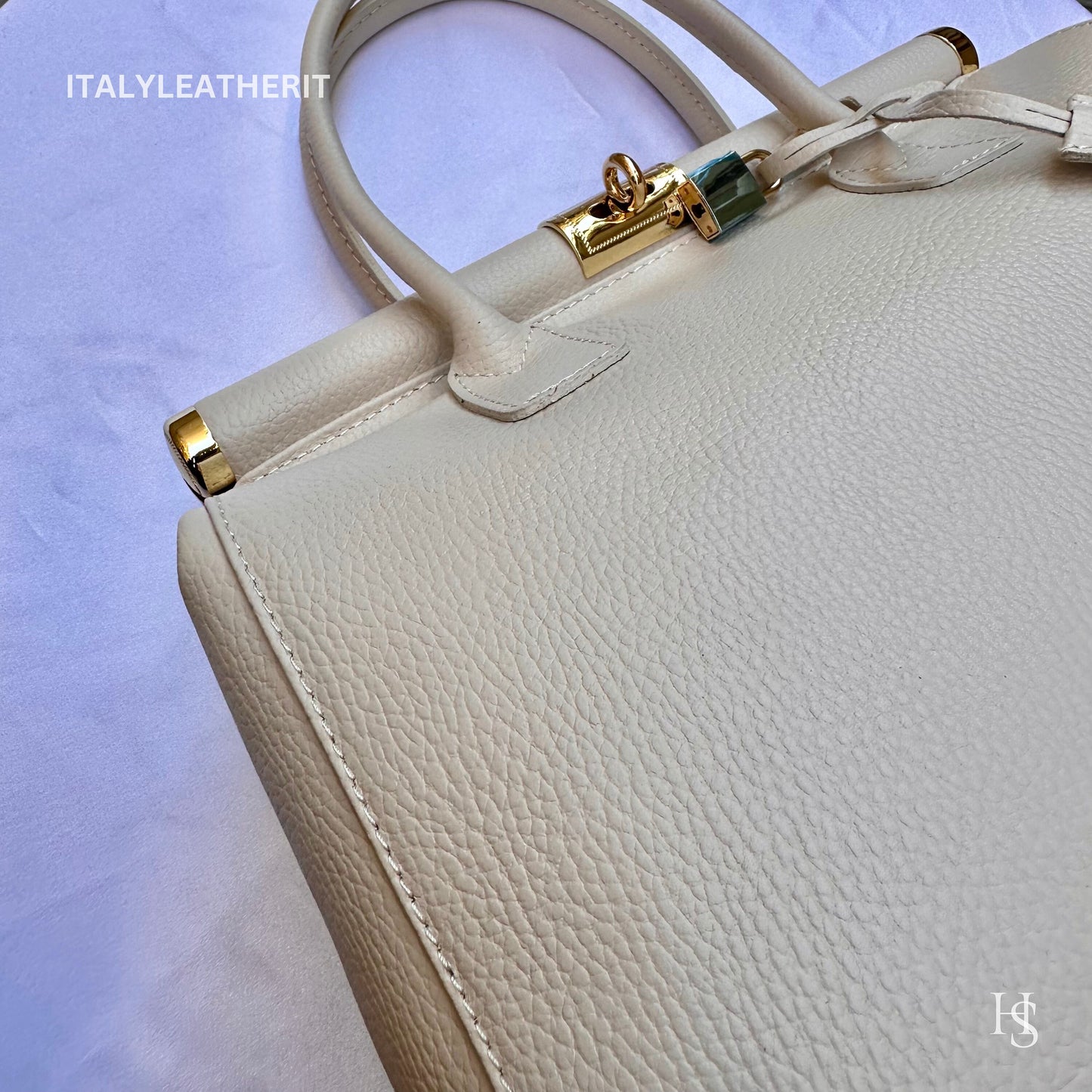 Italian Handmade Leather Bags For Women l l Elegant Leather Tote From Florence, Cream bag, Lock bag, Made in Italy