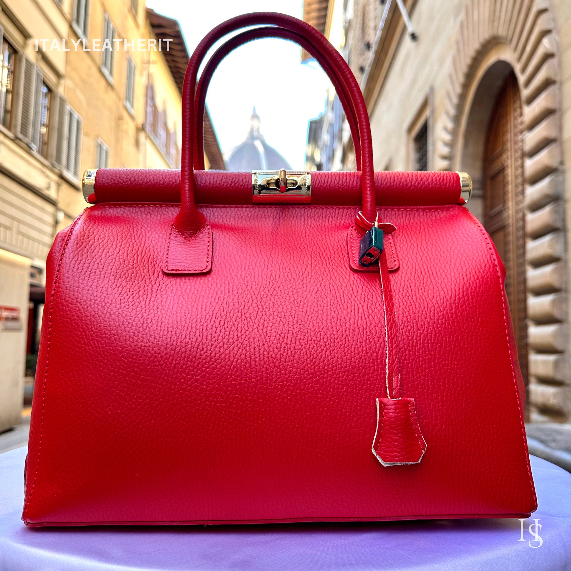 Italian Handmade Leather Bags For Women l l Elegant Leather Tote From Florence, Red bag, Lock bag, Stylish Handbag