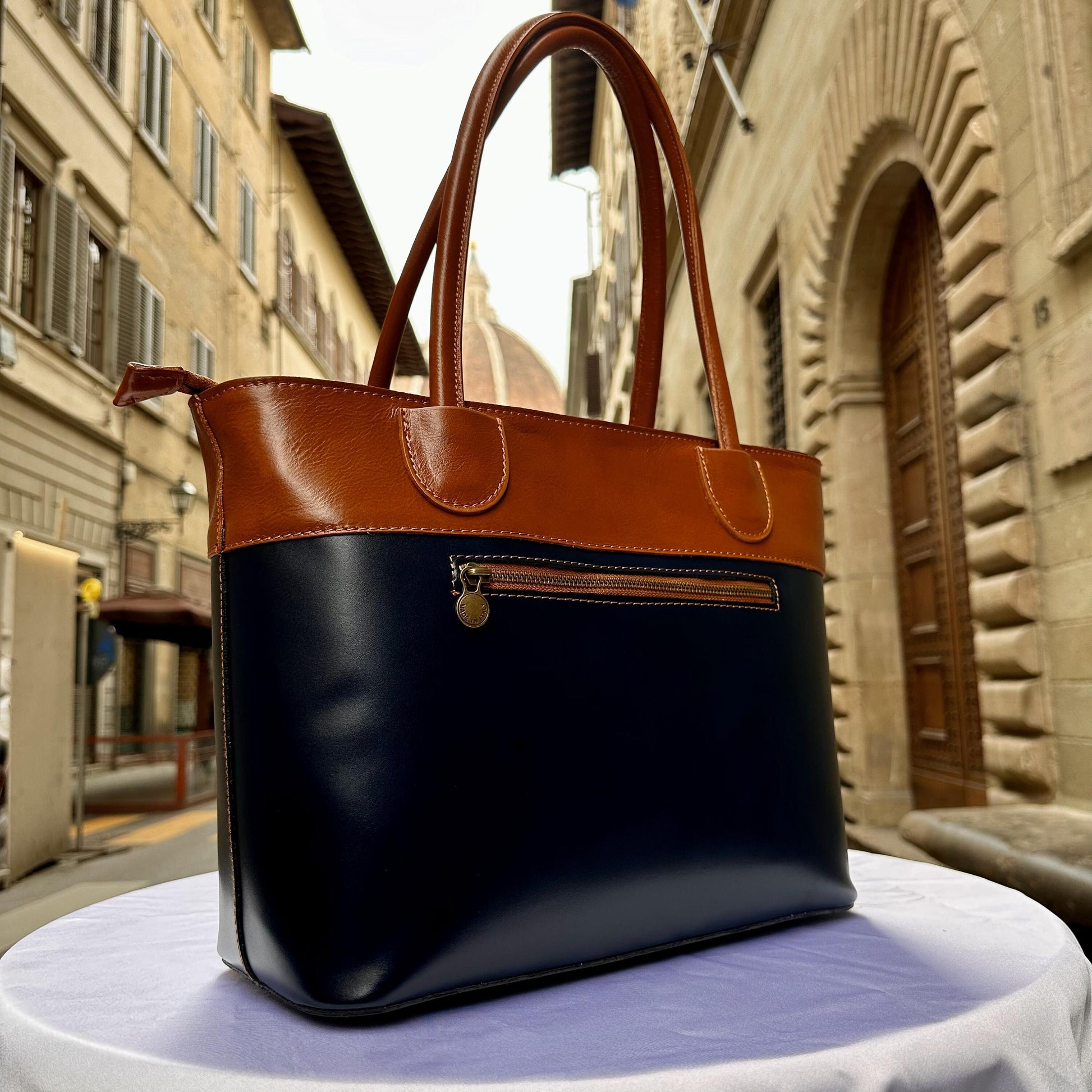 Italian Handmade Leather Bags For Woman l l Elegant Leather Tote From Florence, Navy blue-brown tote bag
