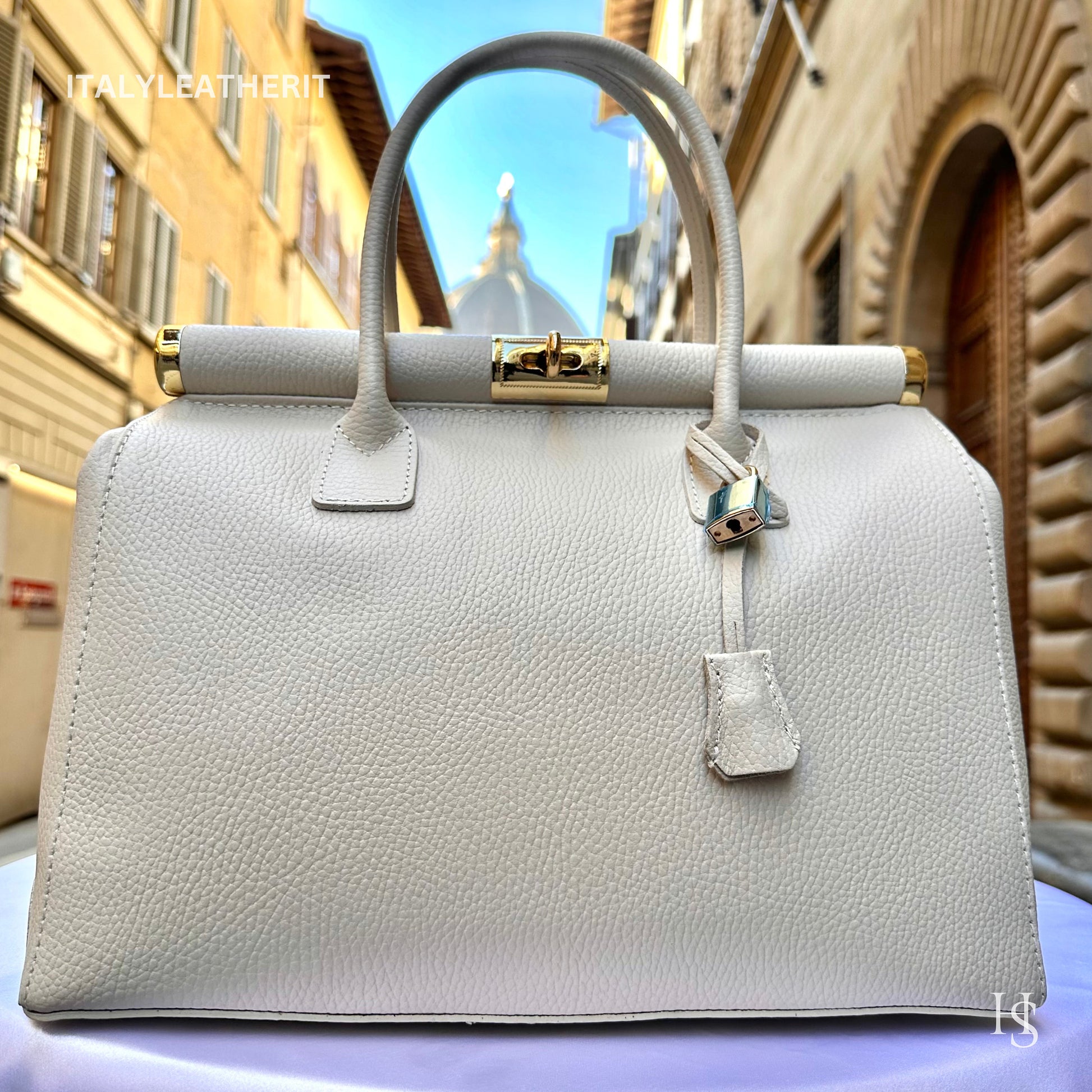Italian Handmade Leather Bags For Women l l Elegant Leather Tote From Florence, Cream bag, Lock bag, Made in Italy
