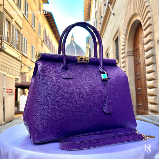 Italian Handmade Leather Bags For Woman l l Elegant Leather Tote From Florence, Purple bag, Lock bag