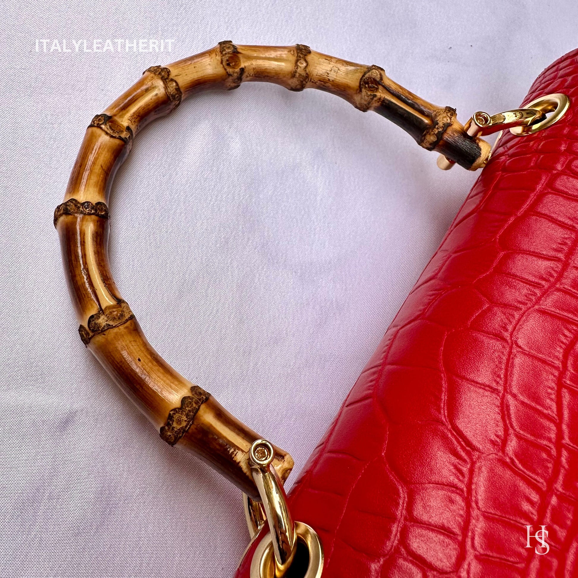 Italian Handmade Leather Bags For Women l l Elegant Leather Tote From Florence, Bamboo Tote Bag, Red leather tote