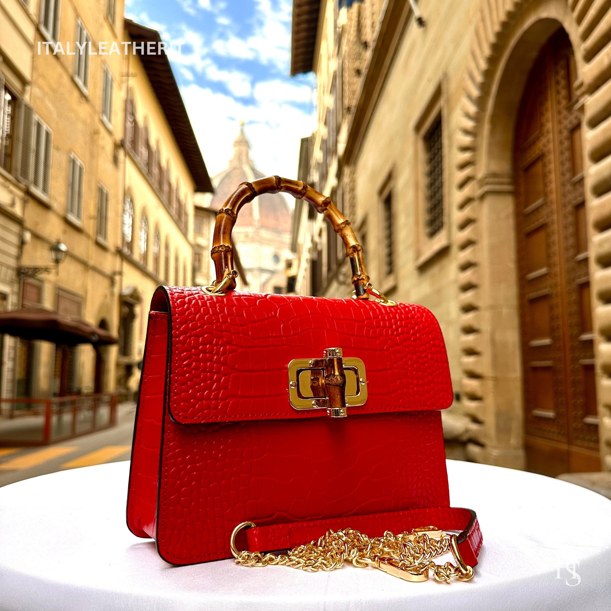 Italian Handmade Leather Bags For Women l l Elegant Leather Tote From Florence, Bamboo Tote Bag, Red leather tote