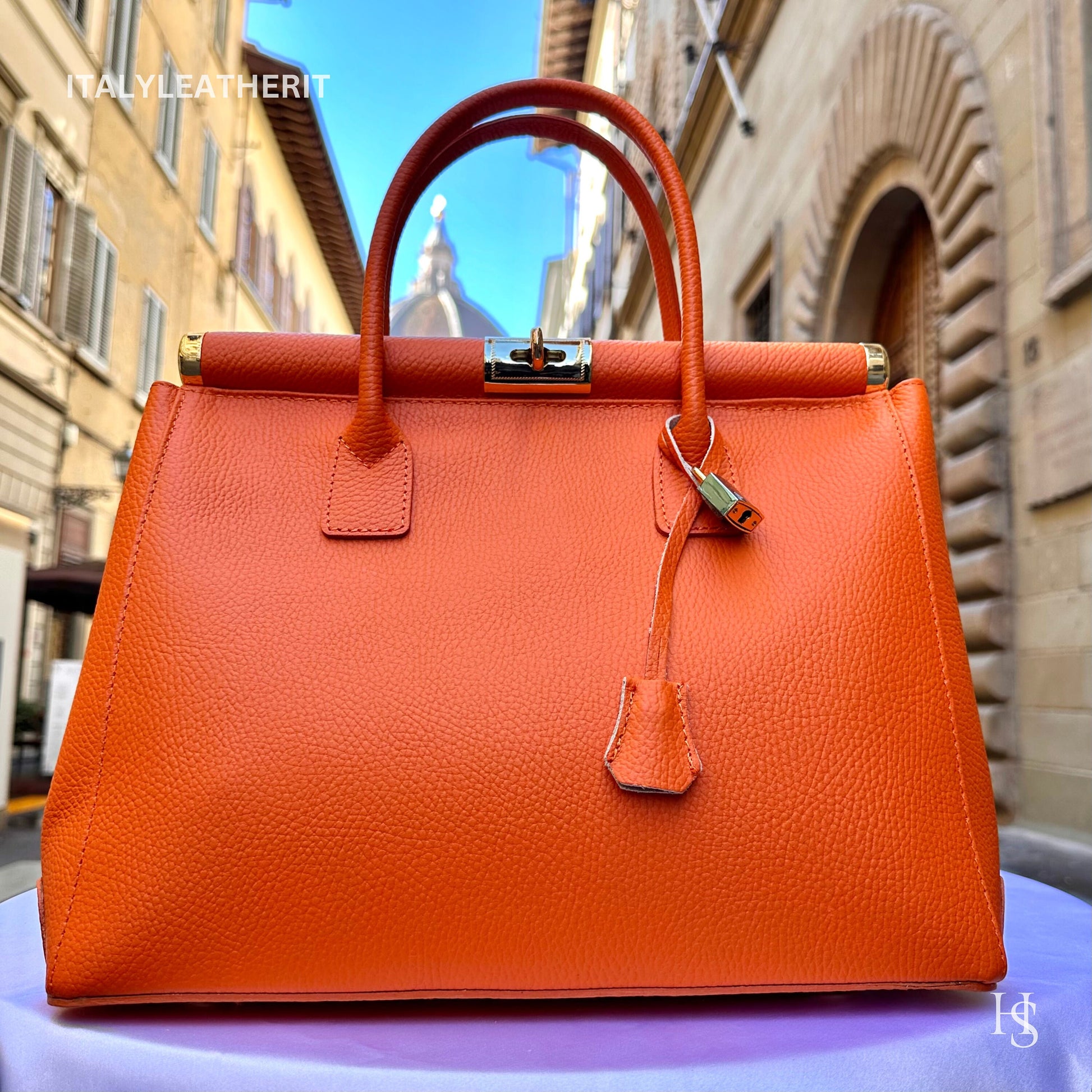Italian Handmade Leather Bags For Women l l Elegant Leather Tote From Florence, Orange bag, Lock bag