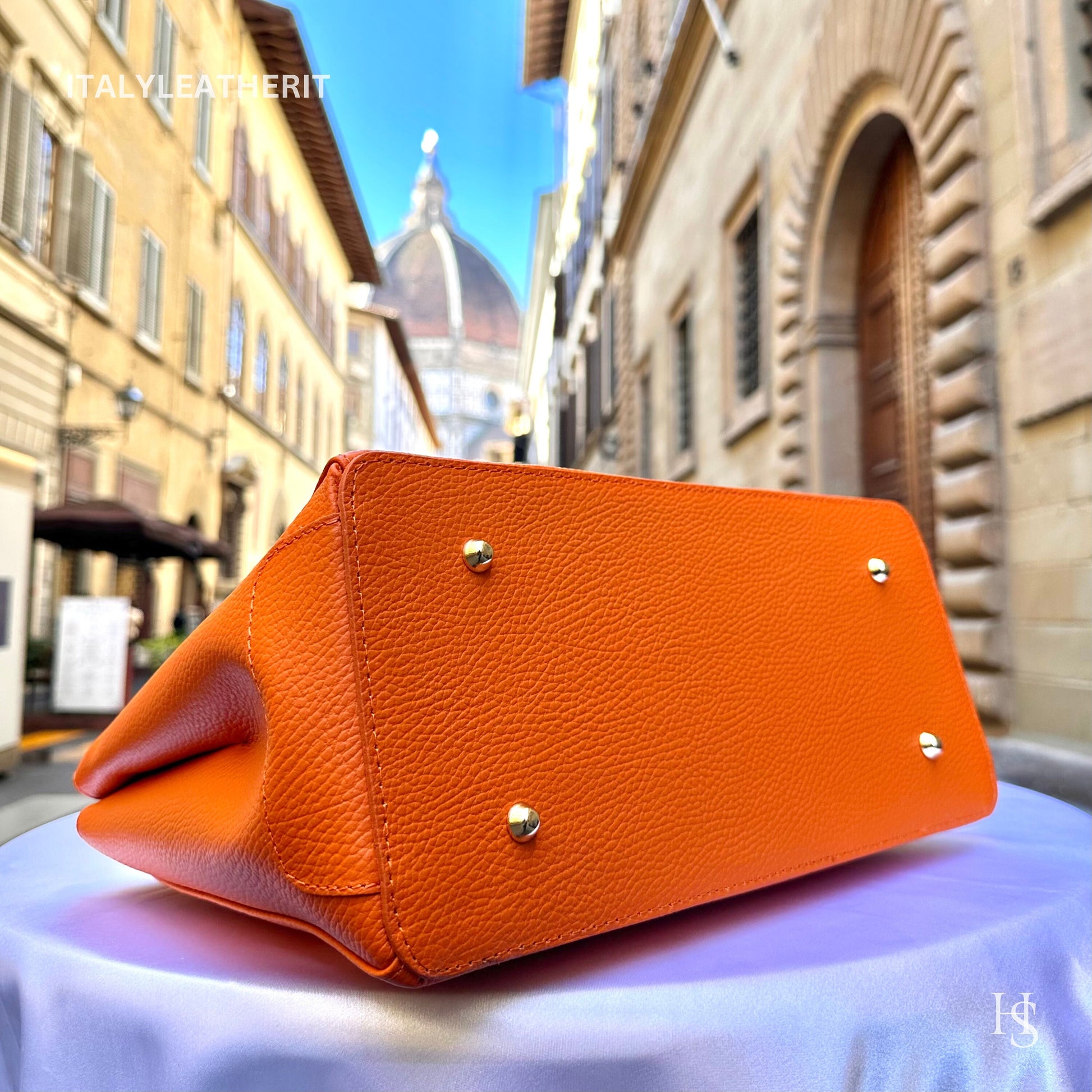 Italian Handmade Leather Bags For Women l l Elegant Leather Tote From Florence, Orange bag, Lock bag