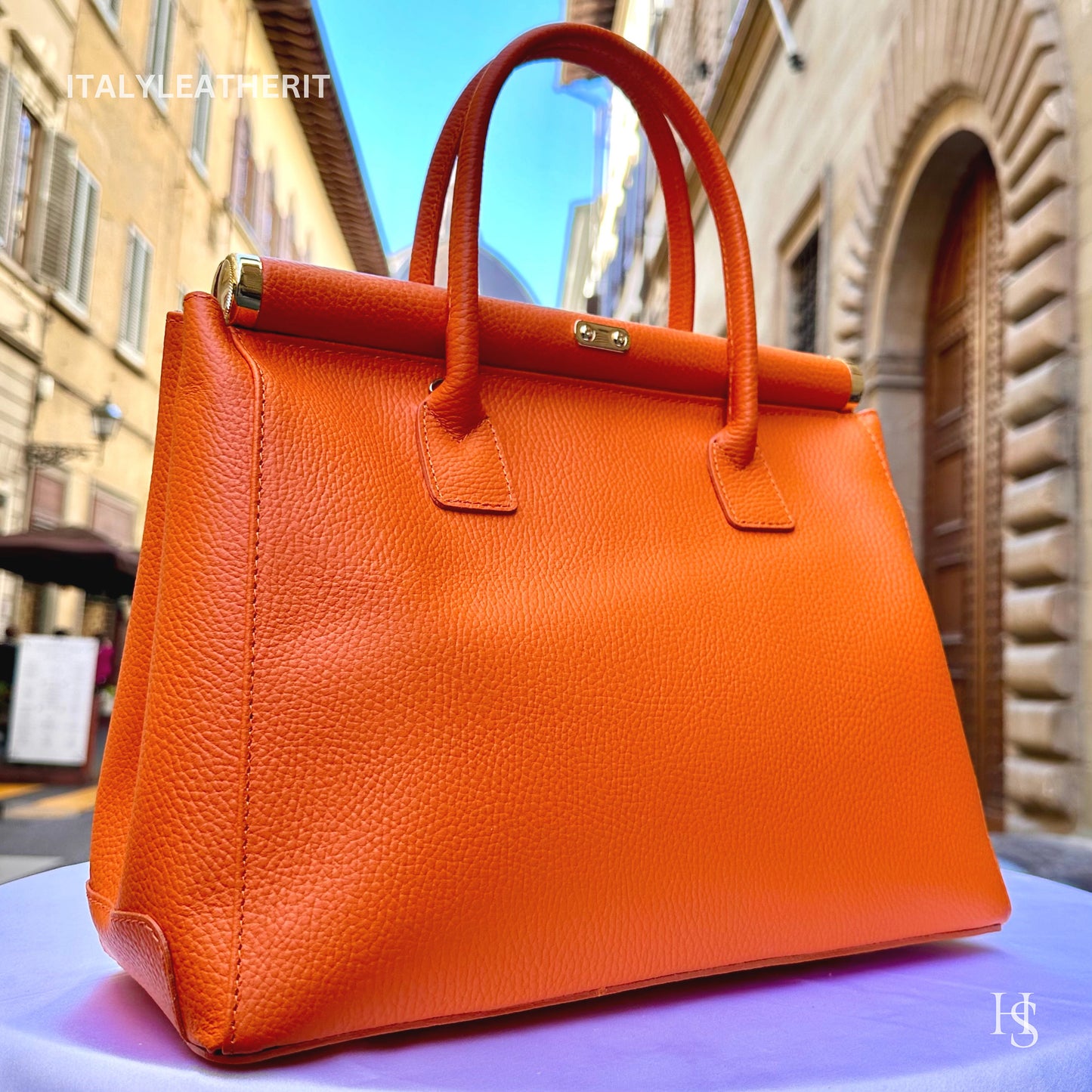 Italian Handmade Leather Bags For Women l l Elegant Leather Tote From Florence, Orange bag, Lock bag
