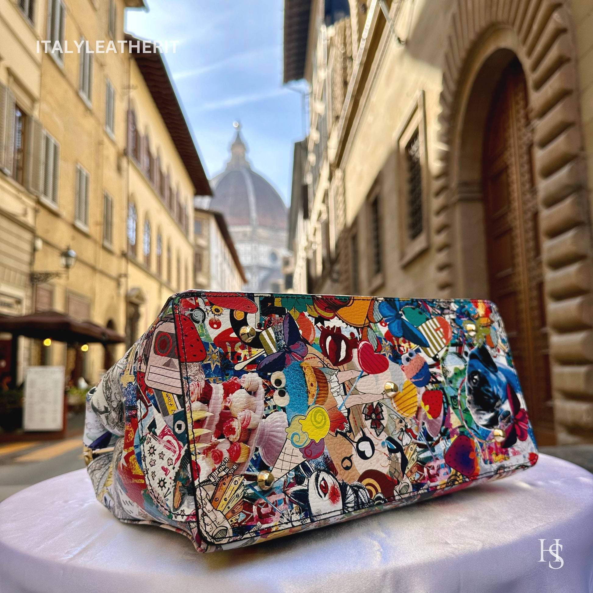 Italian Handmade Leather Bags for Women | Elegant Leather Tote from Florence | Artisan-Crafted Bag with Lock Closure, Pop Art Bag