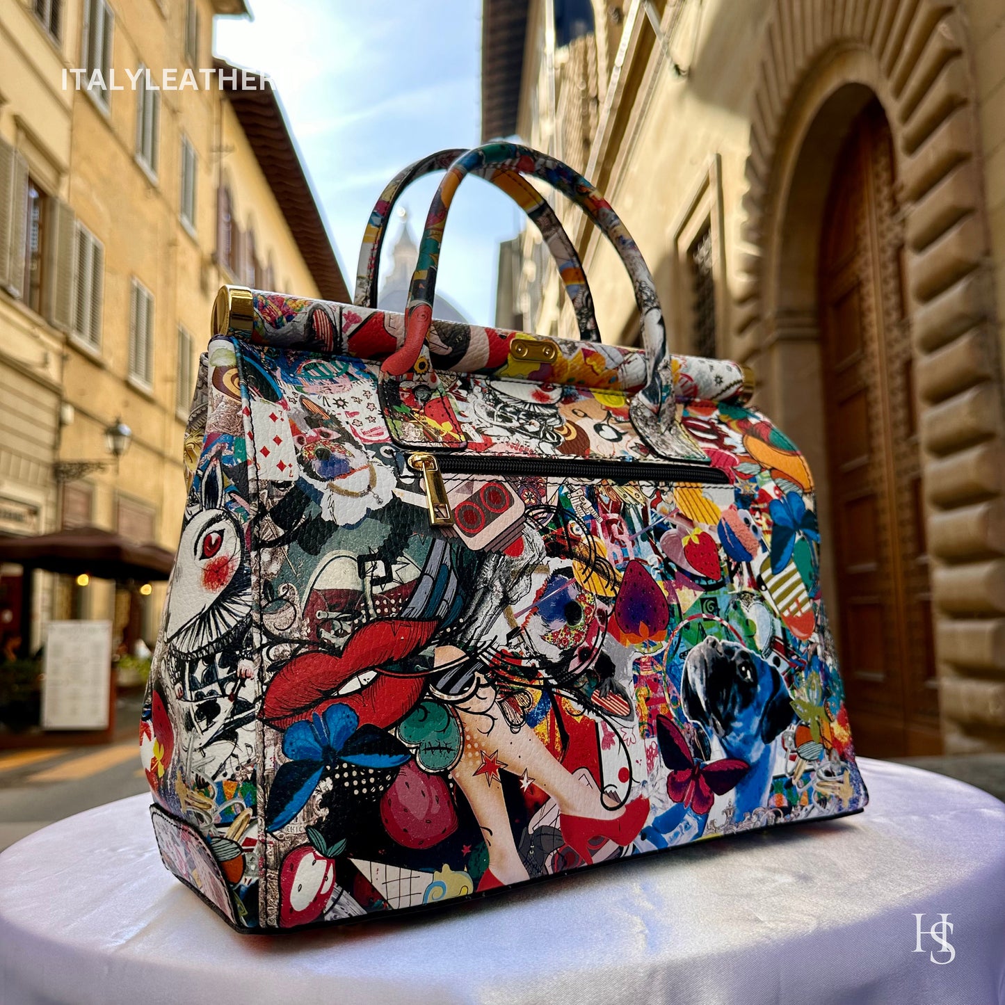 Italian Handmade Leather Bags for Women | Elegant Leather Tote from Florence | Artisan-Crafted Bag with Lock Closure, Pop Art Bag