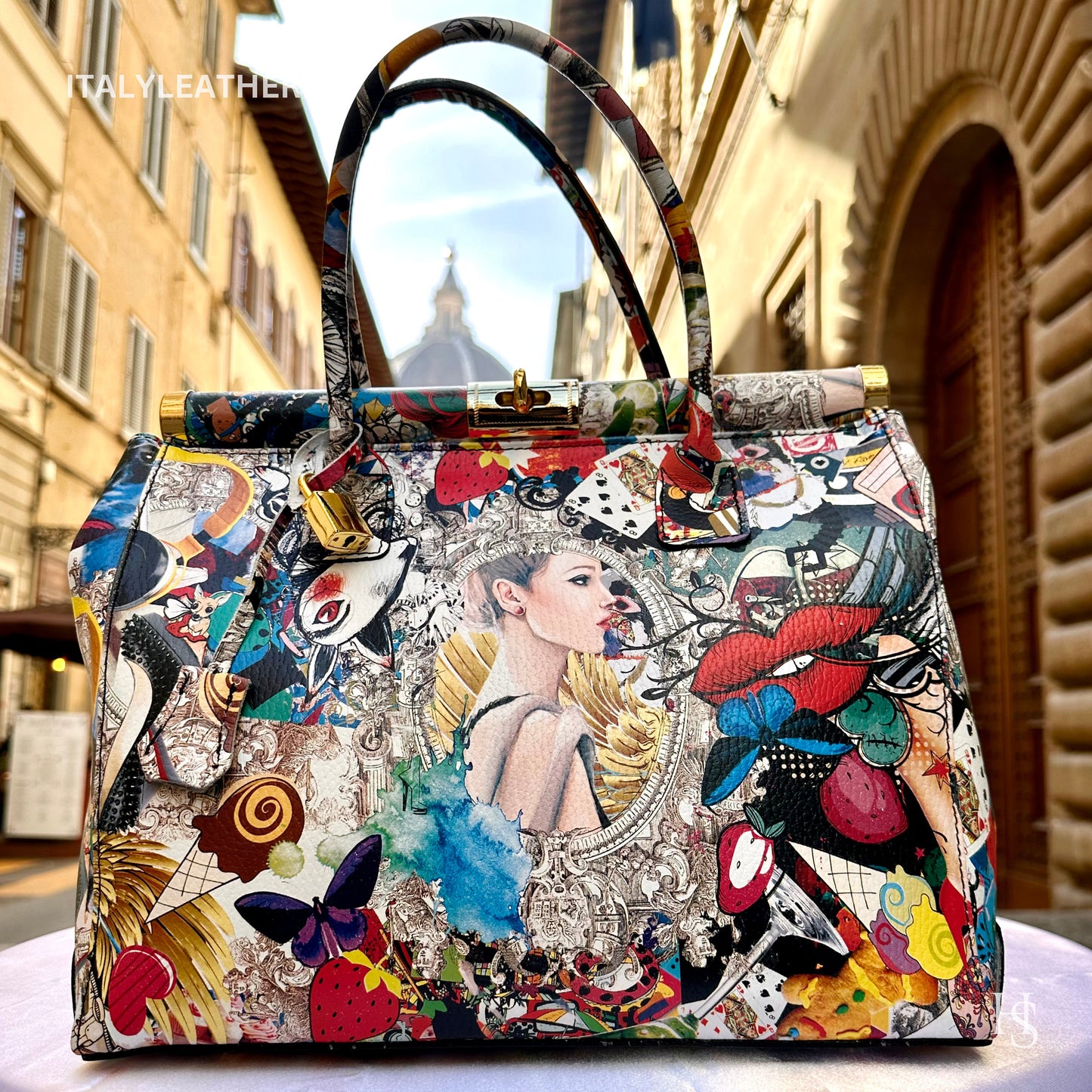 Italian Handmade Leather Bags for Women | Elegant Leather Tote from Florence | Artisan-Crafted Bag with Lock Closure, Pop Art Bag