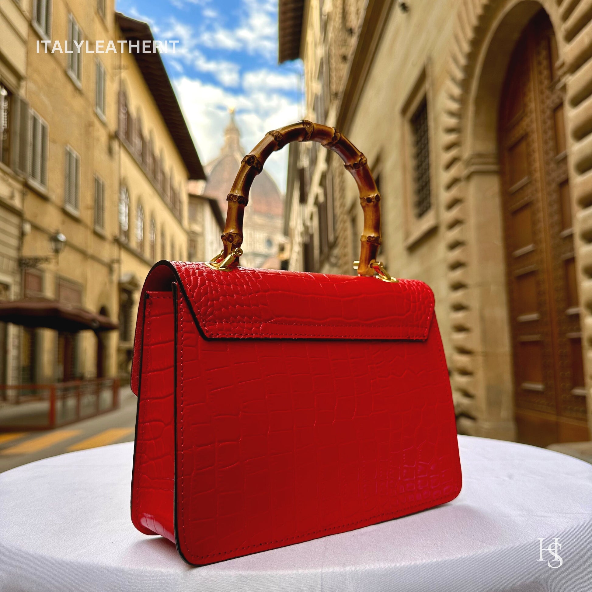 Italian Handmade Leather Bags For Women l l Elegant Leather Tote From Florence, Bamboo Tote Bag, Red leather tote