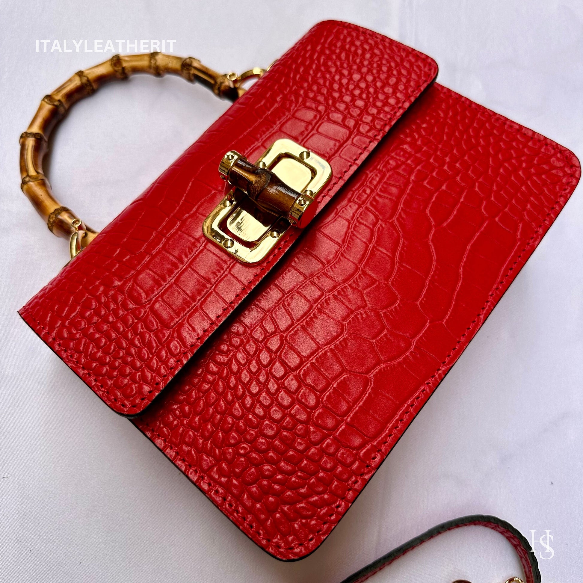 Italian Handmade Leather Bags For Women l l Elegant Leather Tote From Florence, Bamboo Tote Bag, Red leather tote