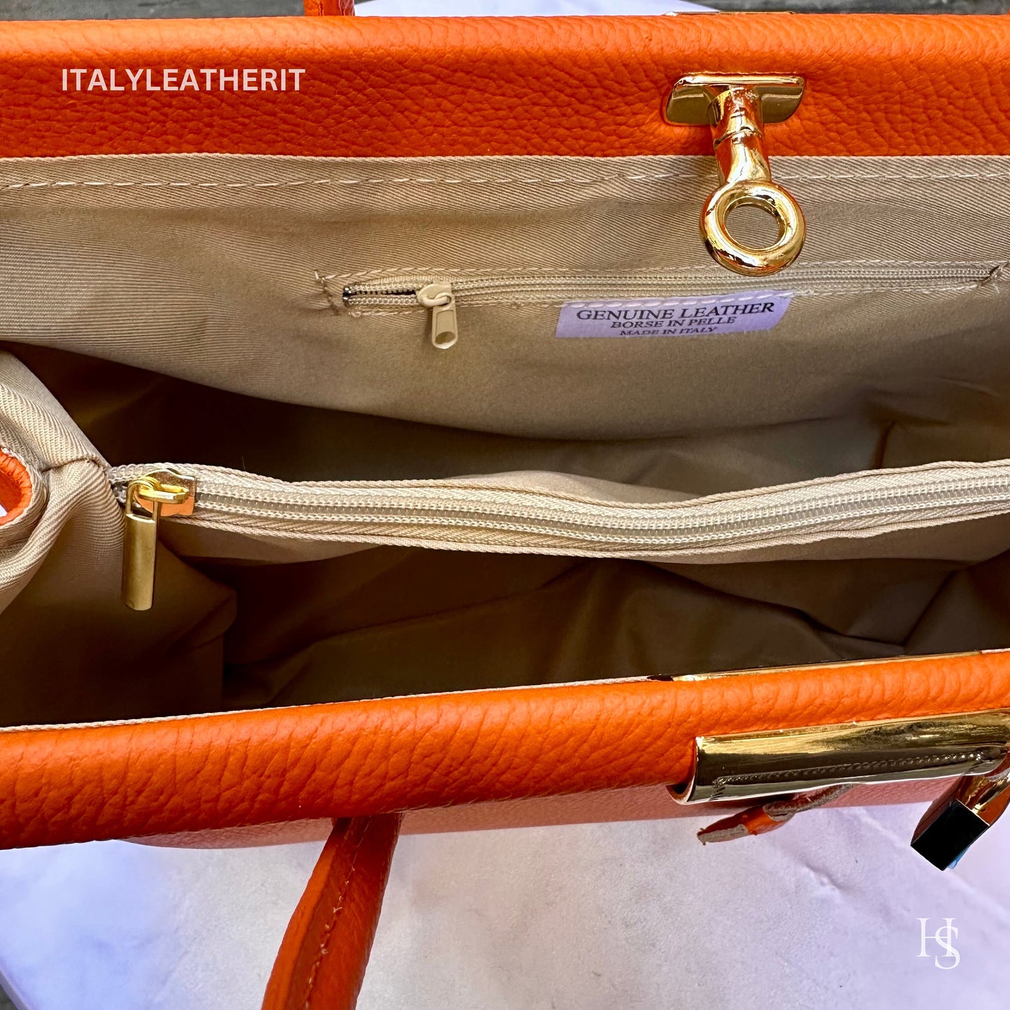 Italian Handmade Leather Bags For Women l l Elegant Leather Tote From Florence, Orange bag, Lock bag