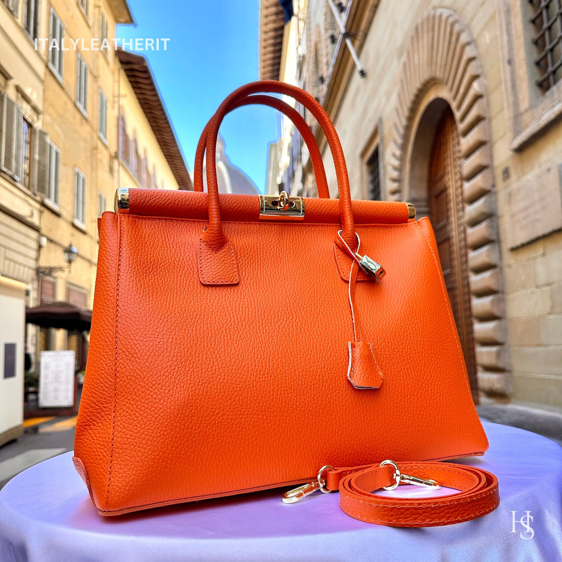 Italian Handmade Leather Bags For Women l l Elegant Leather Tote From Florence, Orange bag, Lock bag