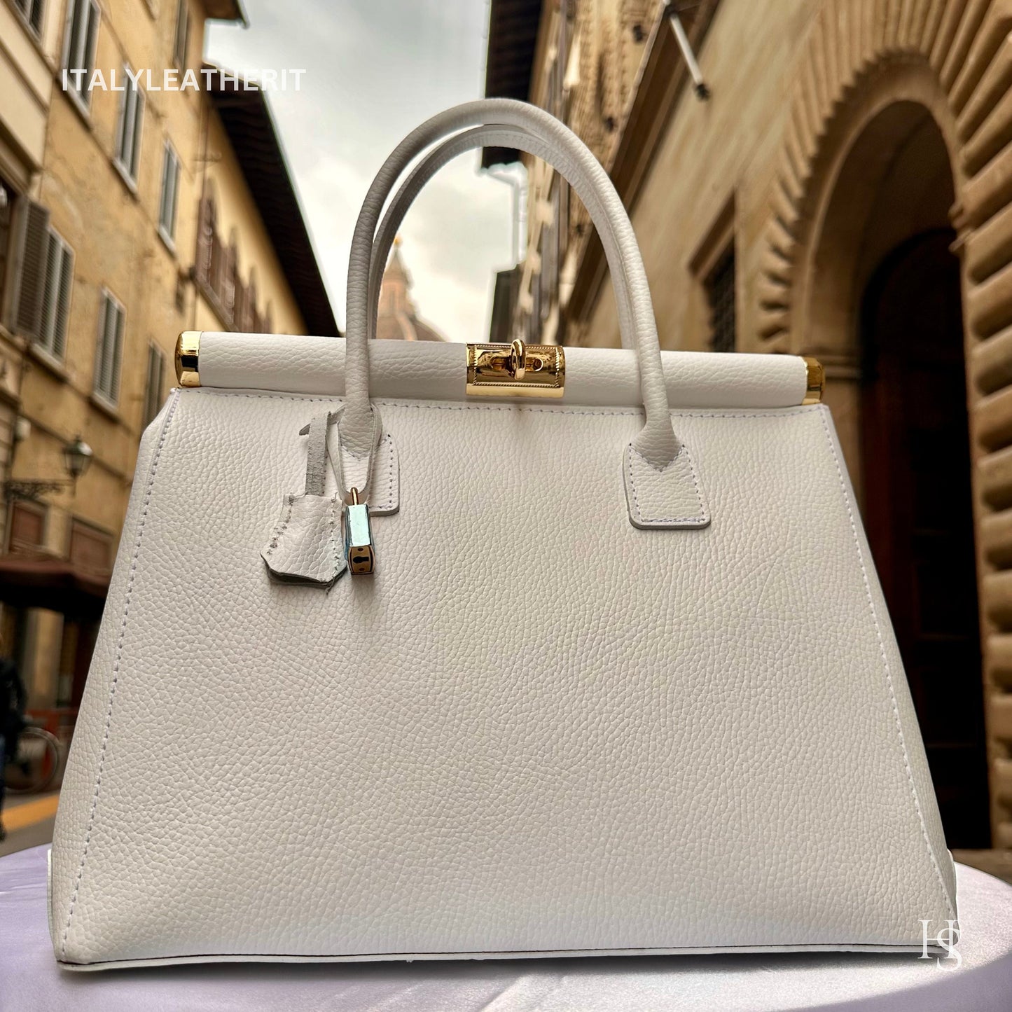 Italian Handmade Leather Bags For Women l Elegant Leather Tote From Florence, white bag, Lock bag