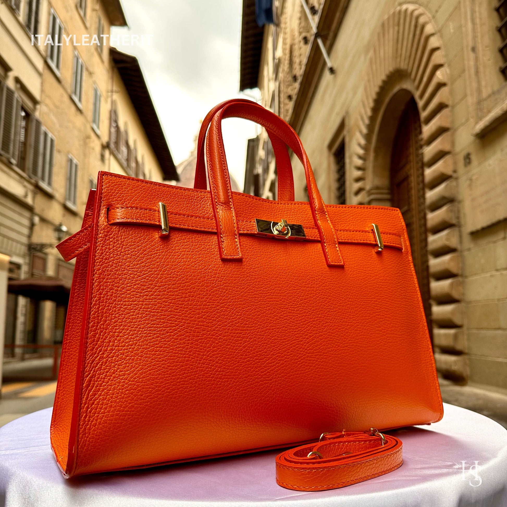 Italian Handmade Leather Bags for Women | Elegant Tote & Purse from Florence, made in Italy, Orange Leather tote