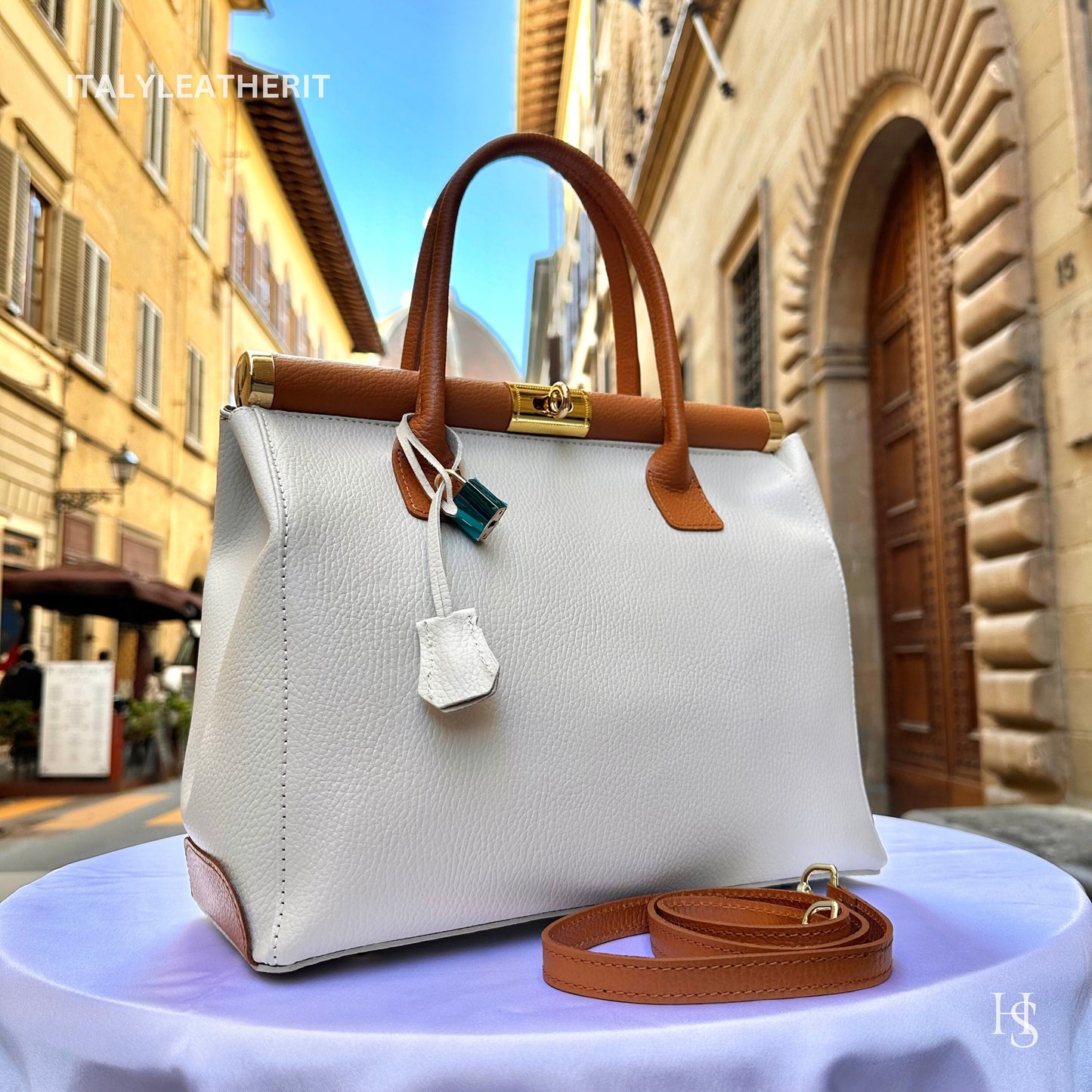 Italian Handmade Leather Bags For Women l l Elegant Leather Tote From Florence, white brown bag, Lock bag
