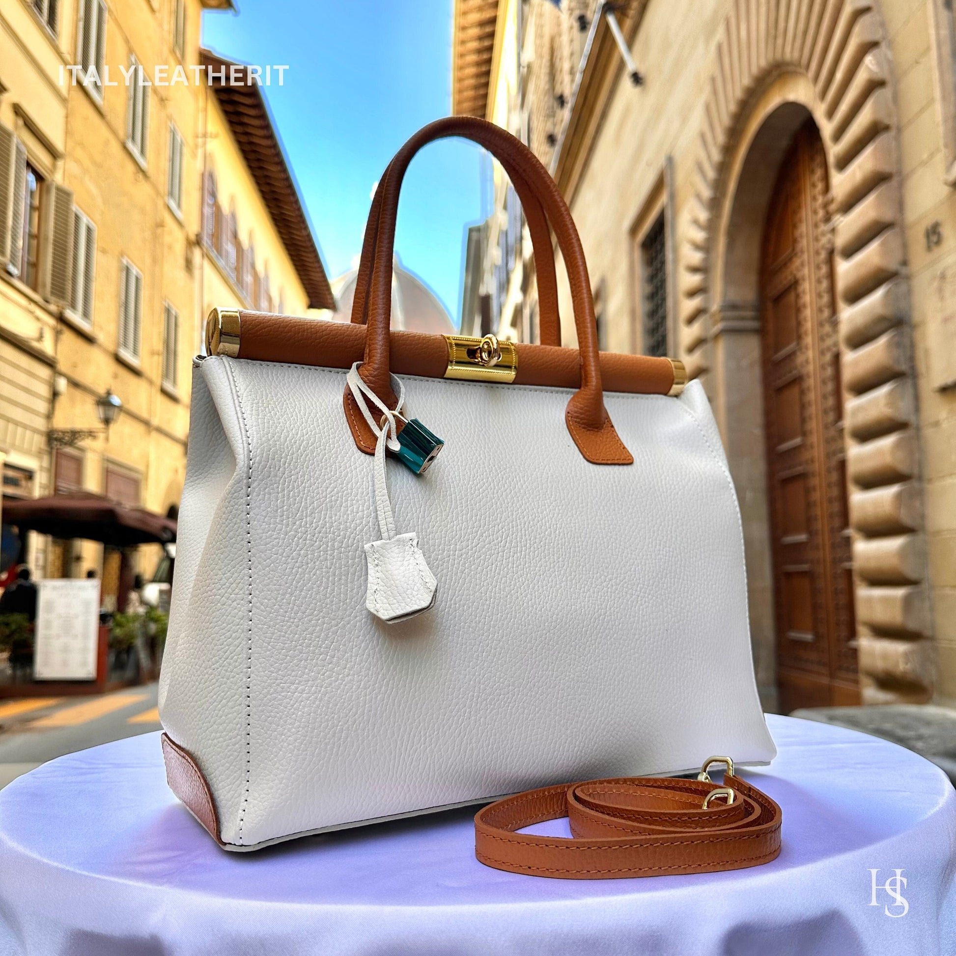 Italian Handmade Leather Bags For Women l l Elegant Leather Tote From Florence, white brown bag, Lock bag