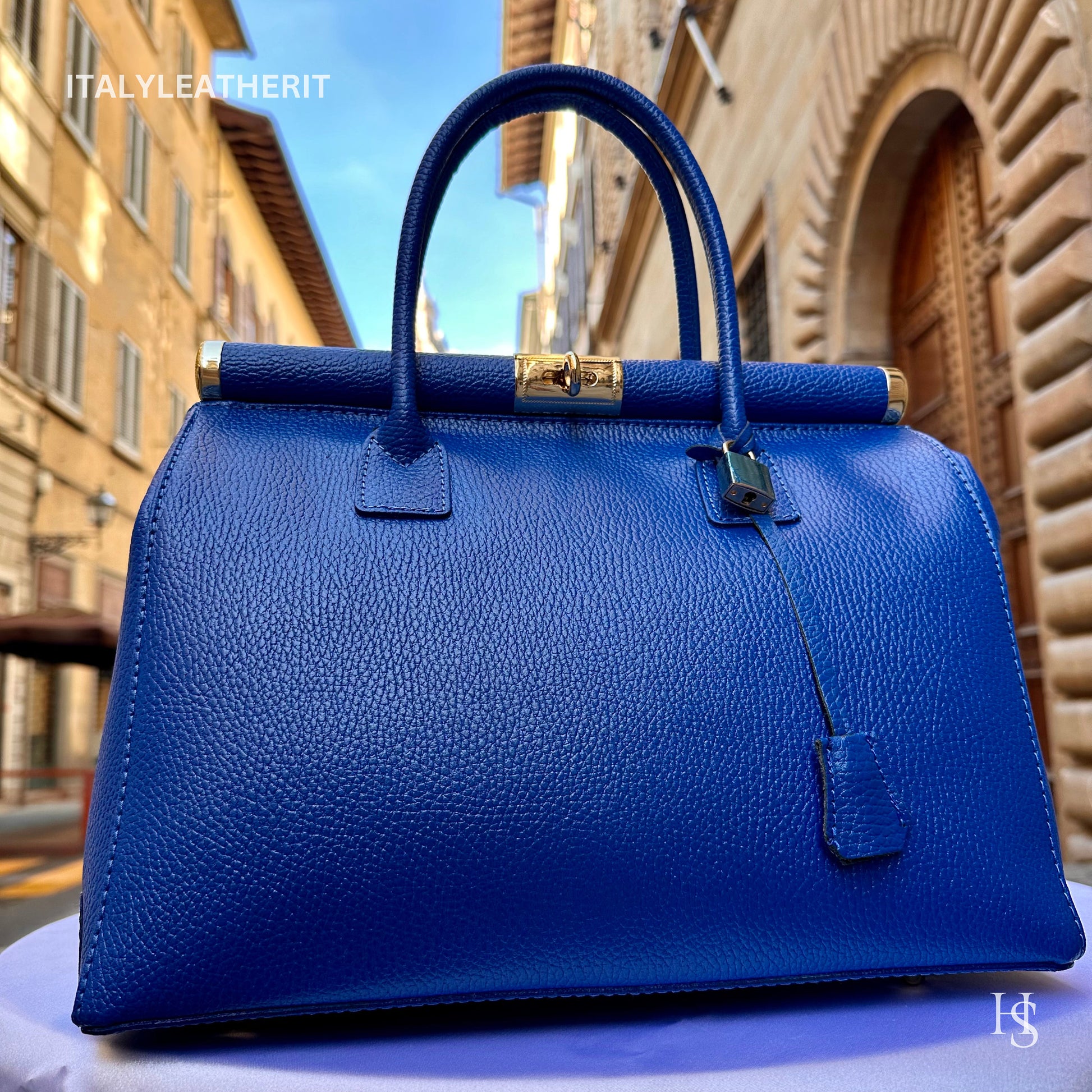 Italian Handmade Leather Bags For Women l l Elegant Leather Tote From Florence, Lock bag, Blue bag