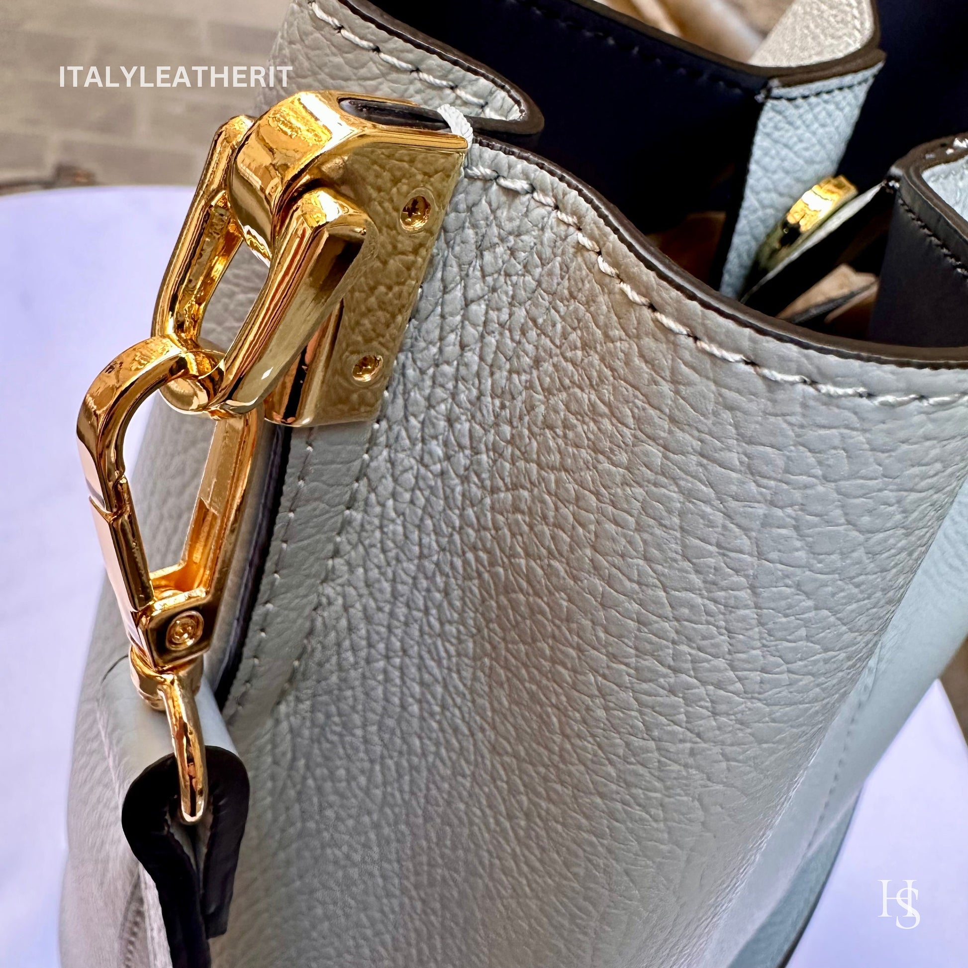 Italian Handmade Leather Bags For Woman l Elegant Leather Tote From Florence | Made in Italy, Bucket bag, light blue