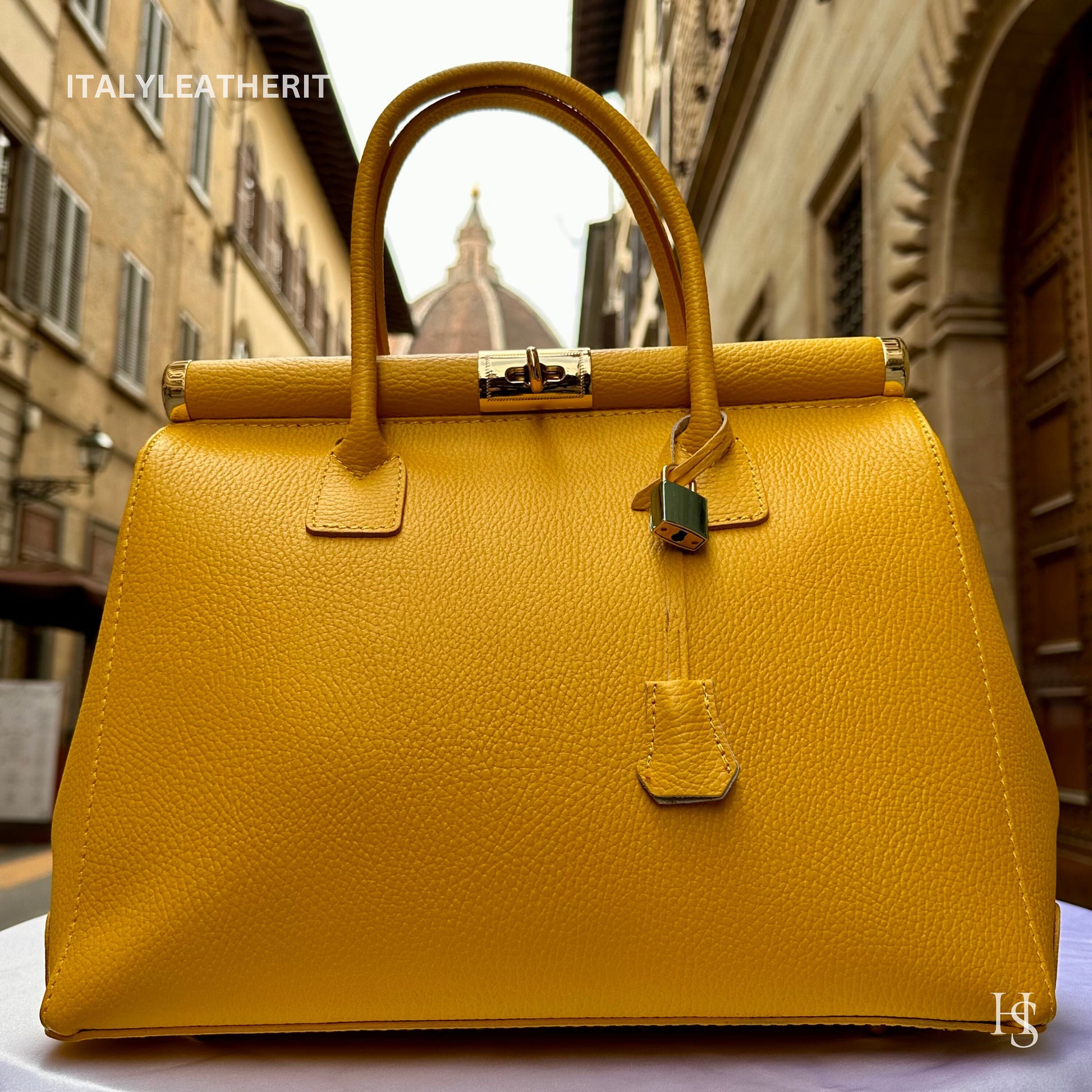 Italian Handmade Leather Bags For Women l l Elegant Leather Tote From Florence, Yellow Tote, Lock bag