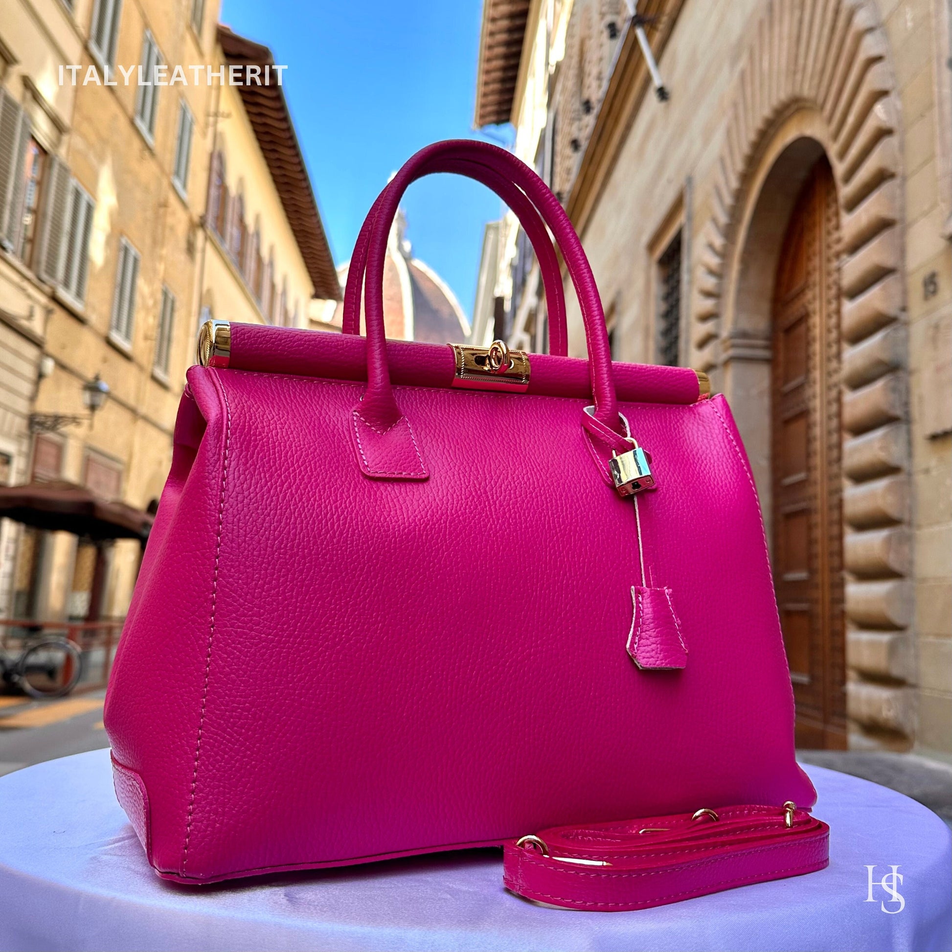 Italian Handmade Leather Bags For Woman l l Elegant Leather Tote From Florence, Fuchsiabag, Lock bag