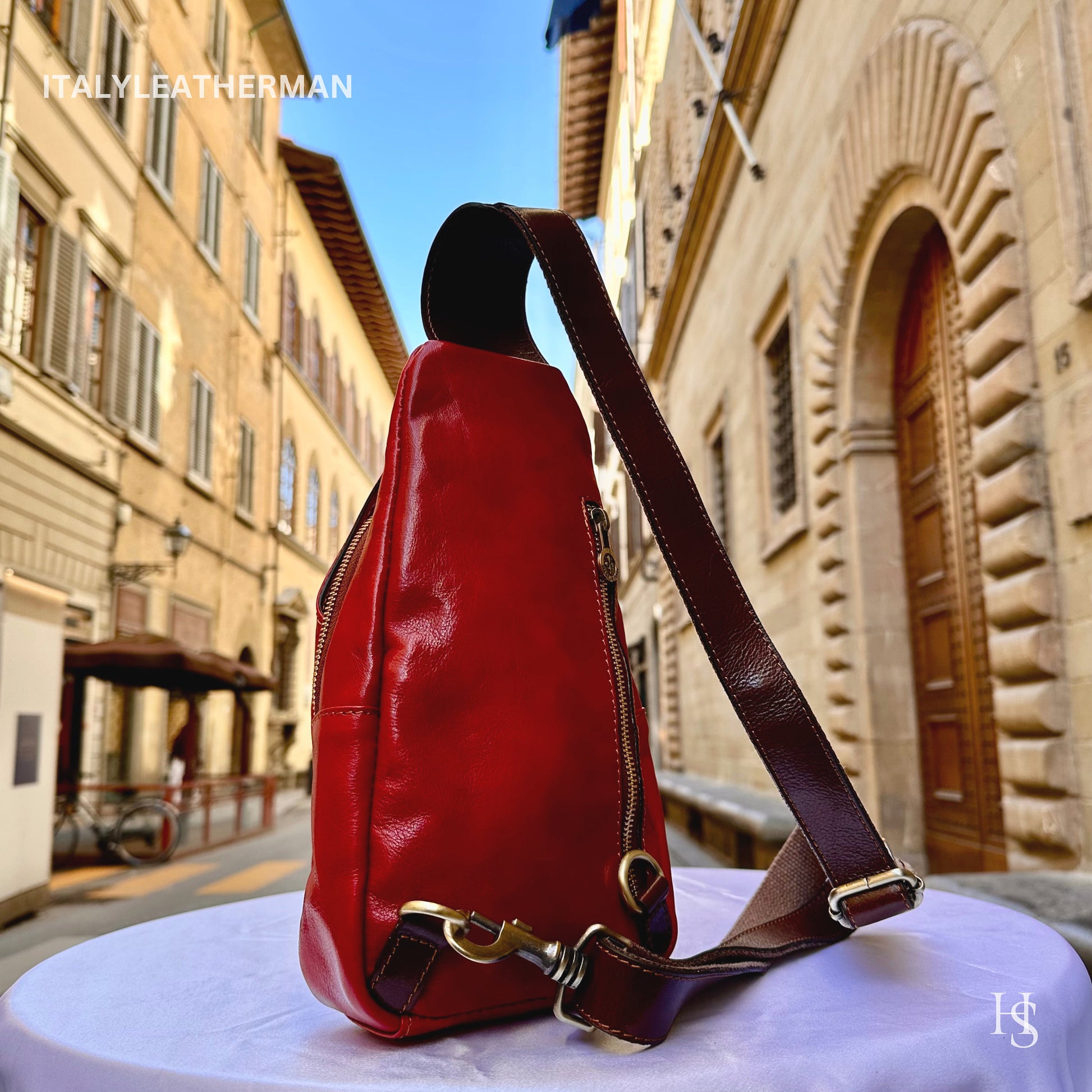 Italian Handmade Leather Sling Bags for Unisex Made In Italy from Florence | Waist Bag | Leather Fanny Pack, Red sling bag
