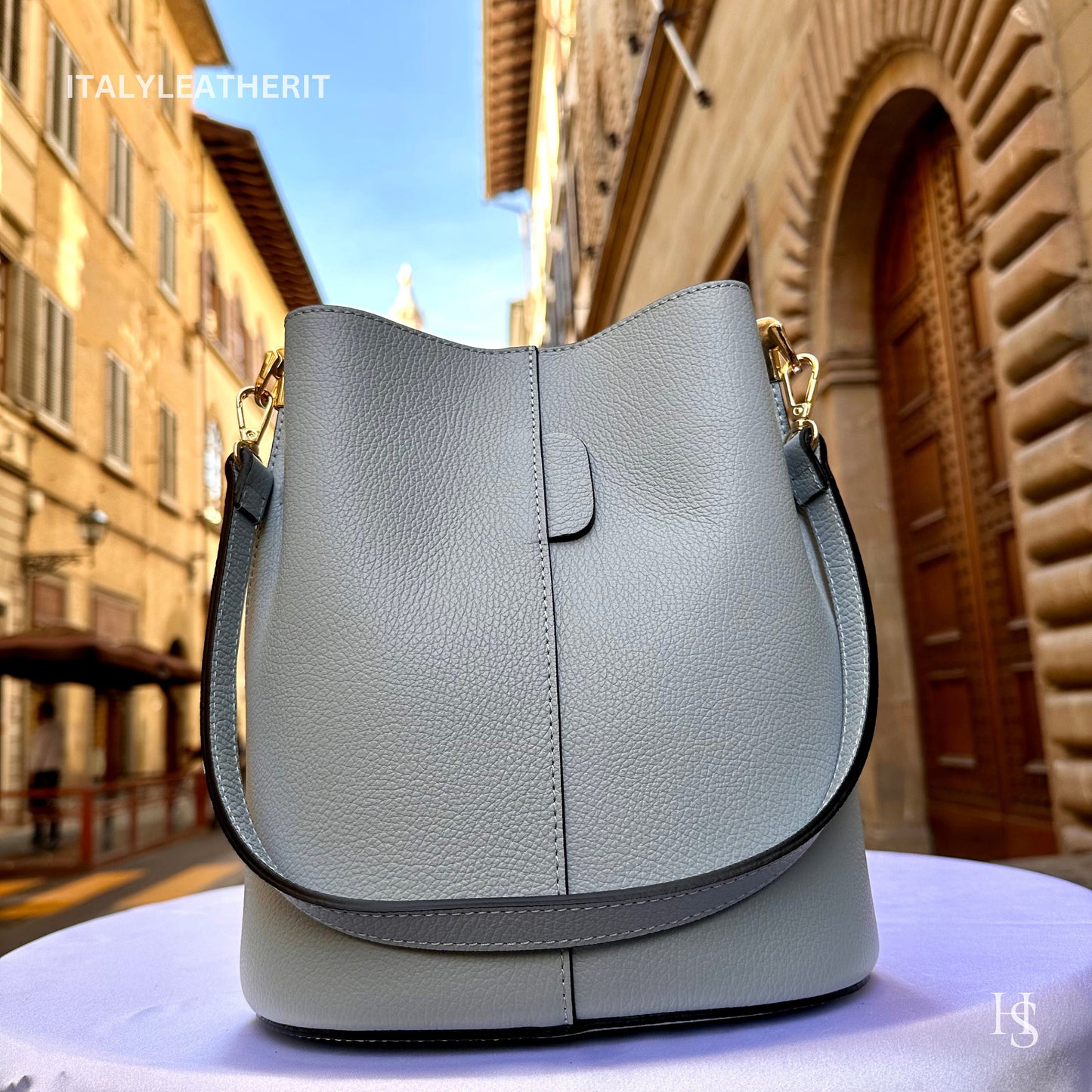 Italian Handmade Leather Bags For Woman l Elegant Leather Tote From Florence | Made in Italy, Bucket bag, light blue