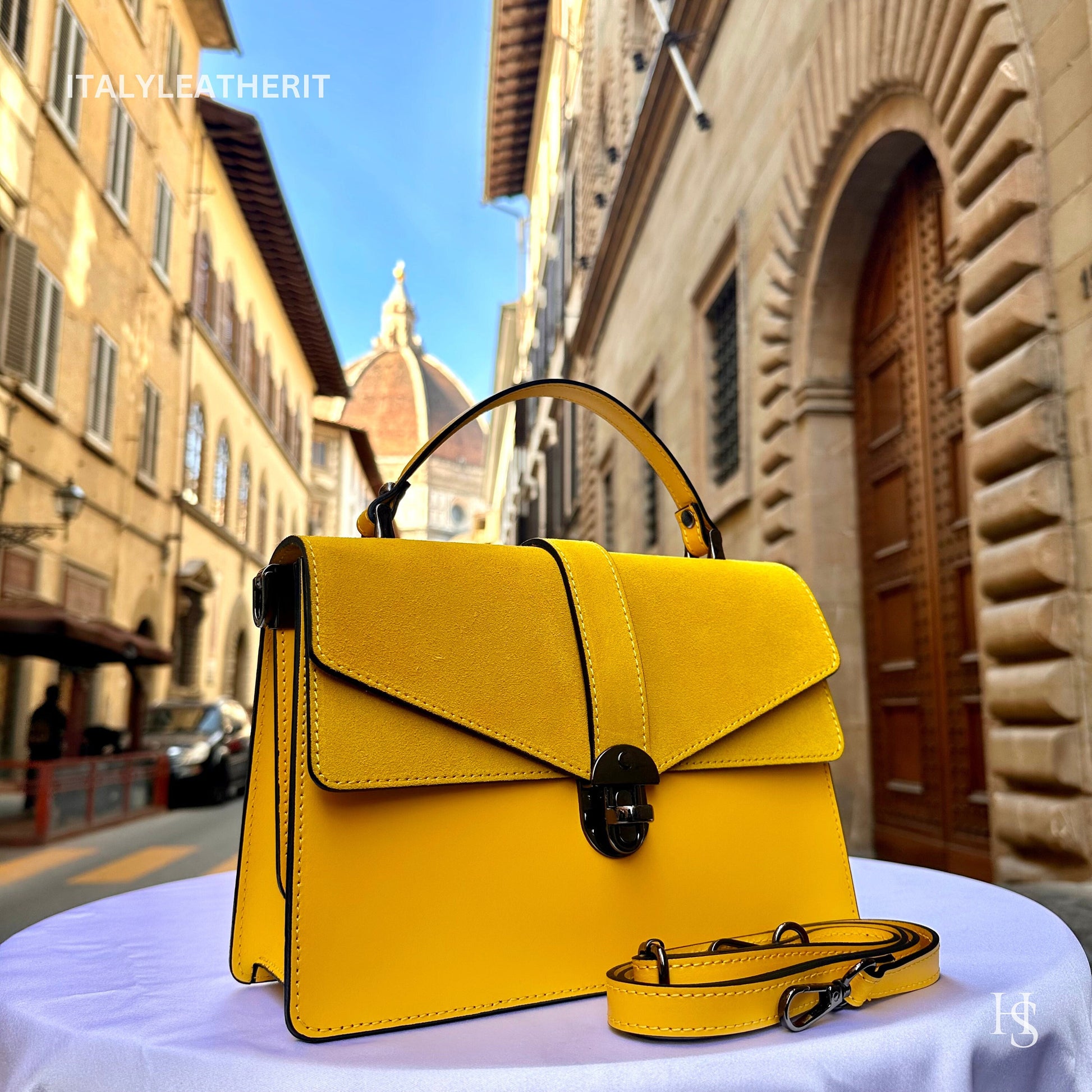 Italian Handmade Leather Bags For Women | Elegant Leather Tote From Florence | Made in Italy Yellow Tote Bag
