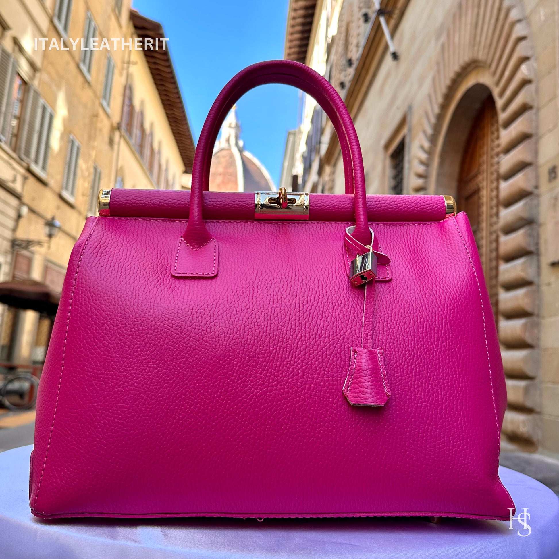 Italian Handmade Leather Bags For Woman l l Elegant Leather Tote From Florence, Fuchsiabag, Lock bag