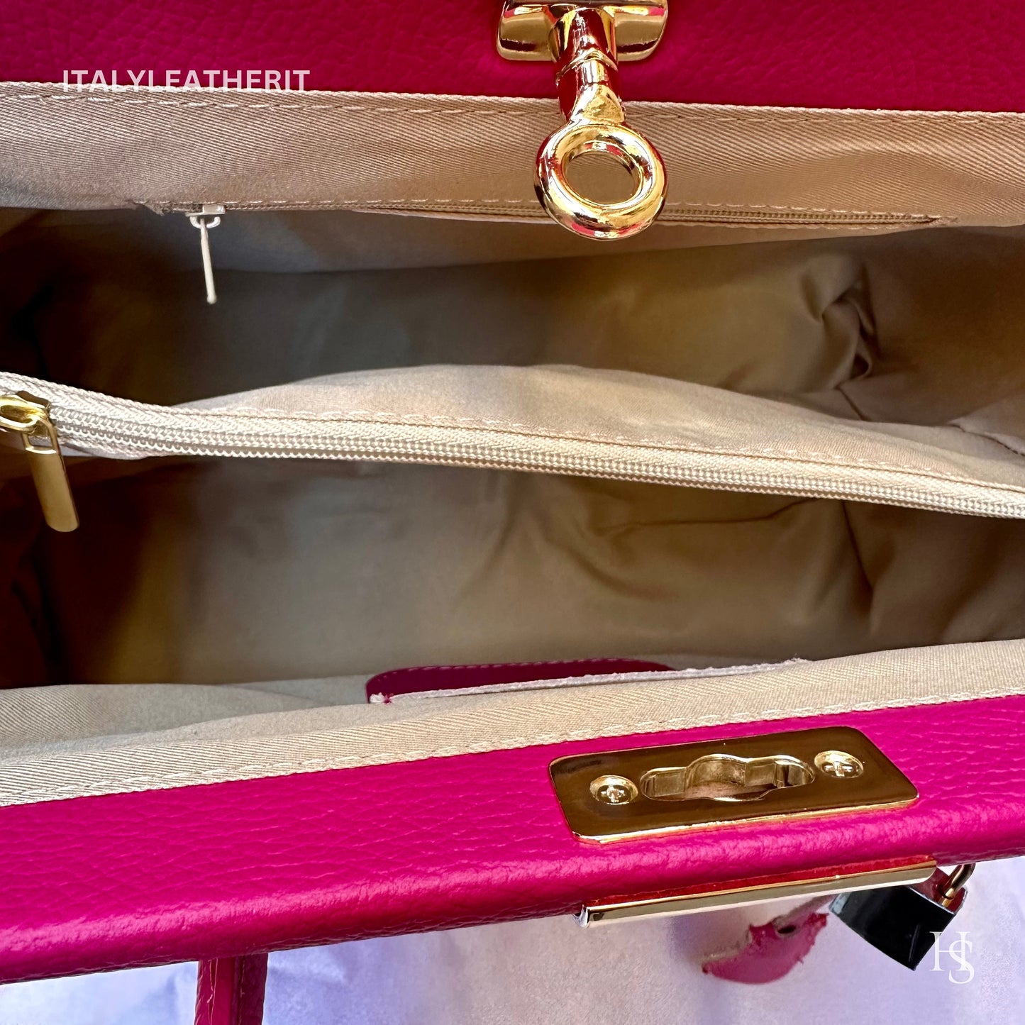 Italian Handmade Leather Bags For Woman l l Elegant Leather Tote From Florence, Fuchsiabag, Lock bag