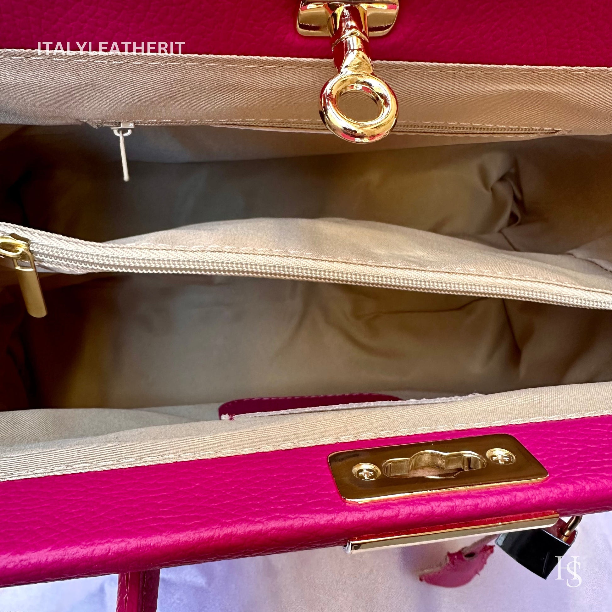 Italian Handmade Leather Bags For Woman l l Elegant Leather Tote From Florence, Fuchsiabag, Lock bag