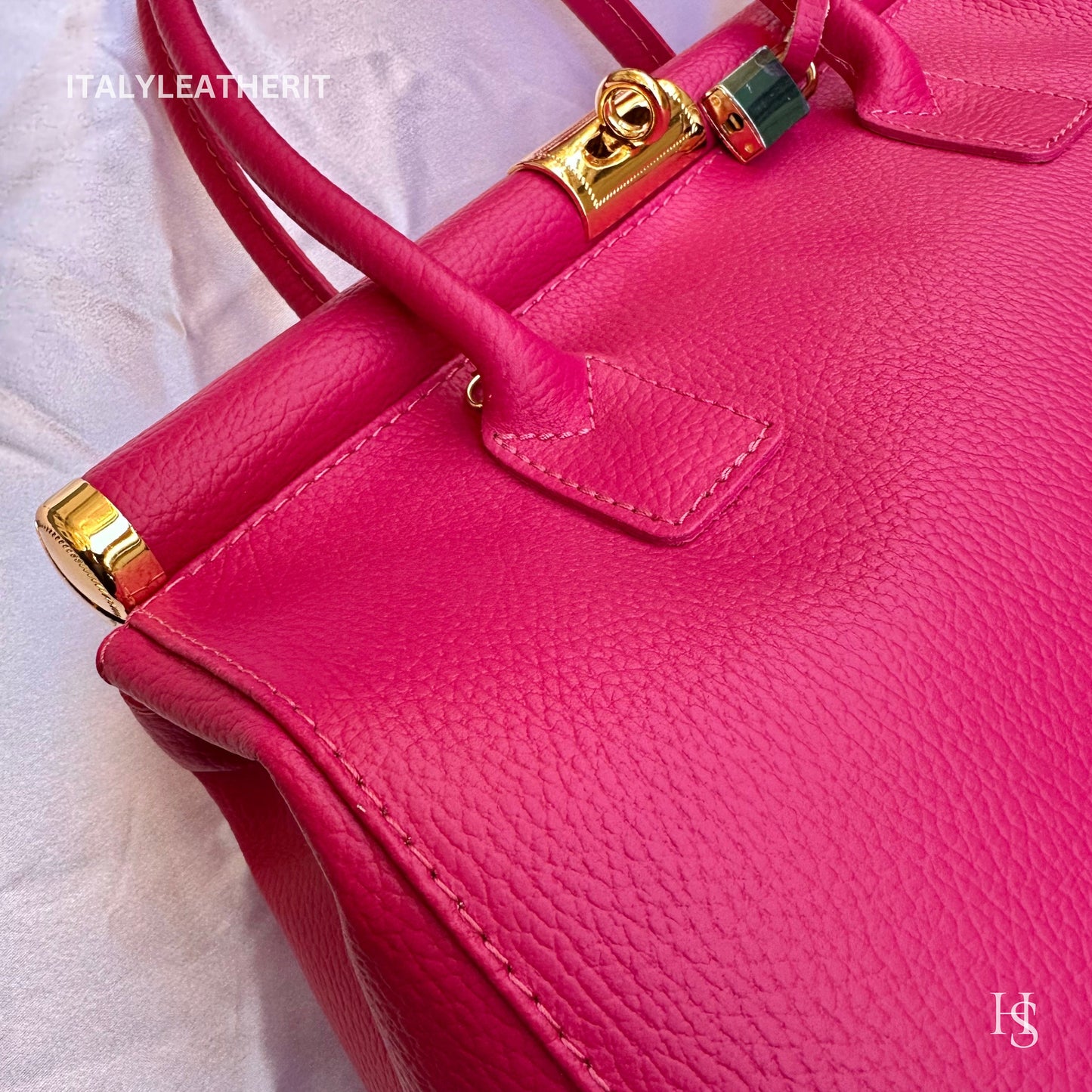 Italian Handmade Leather Bags For Woman l l Elegant Leather Tote From Florence, Fuchsiabag, Lock bag