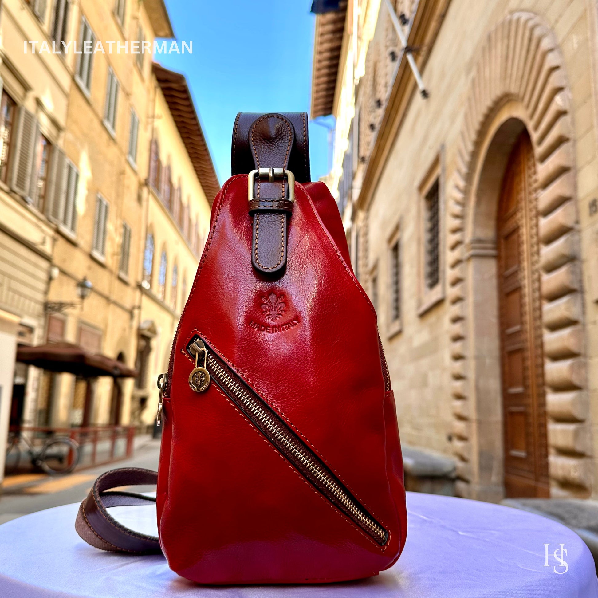Italian Handmade Leather Sling Bags for Unisex Made In Italy from Florence | Waist Bag | Leather Fanny Pack, Red sling bag