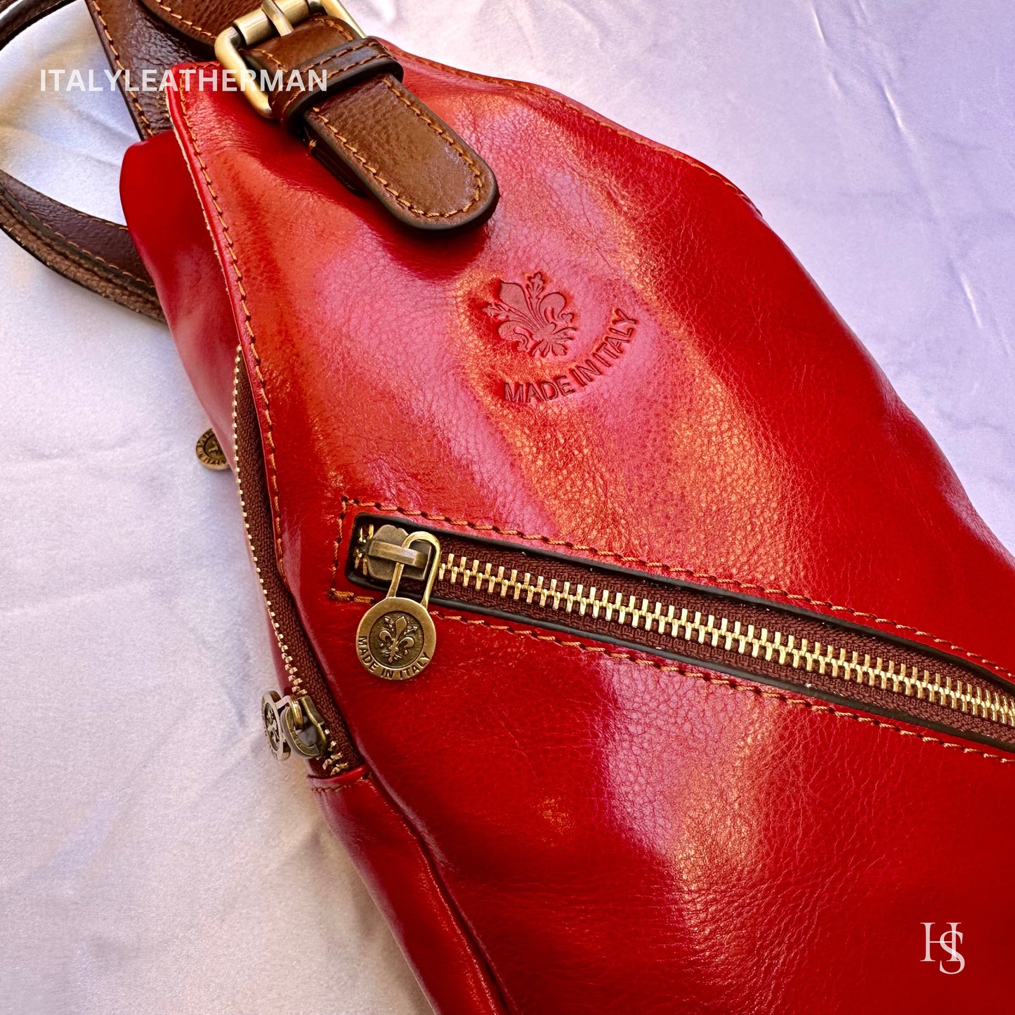 Italian Handmade Leather Sling Bags for Unisex Made In Italy from Florence | Waist Bag | Leather Fanny Pack, Red sling bag