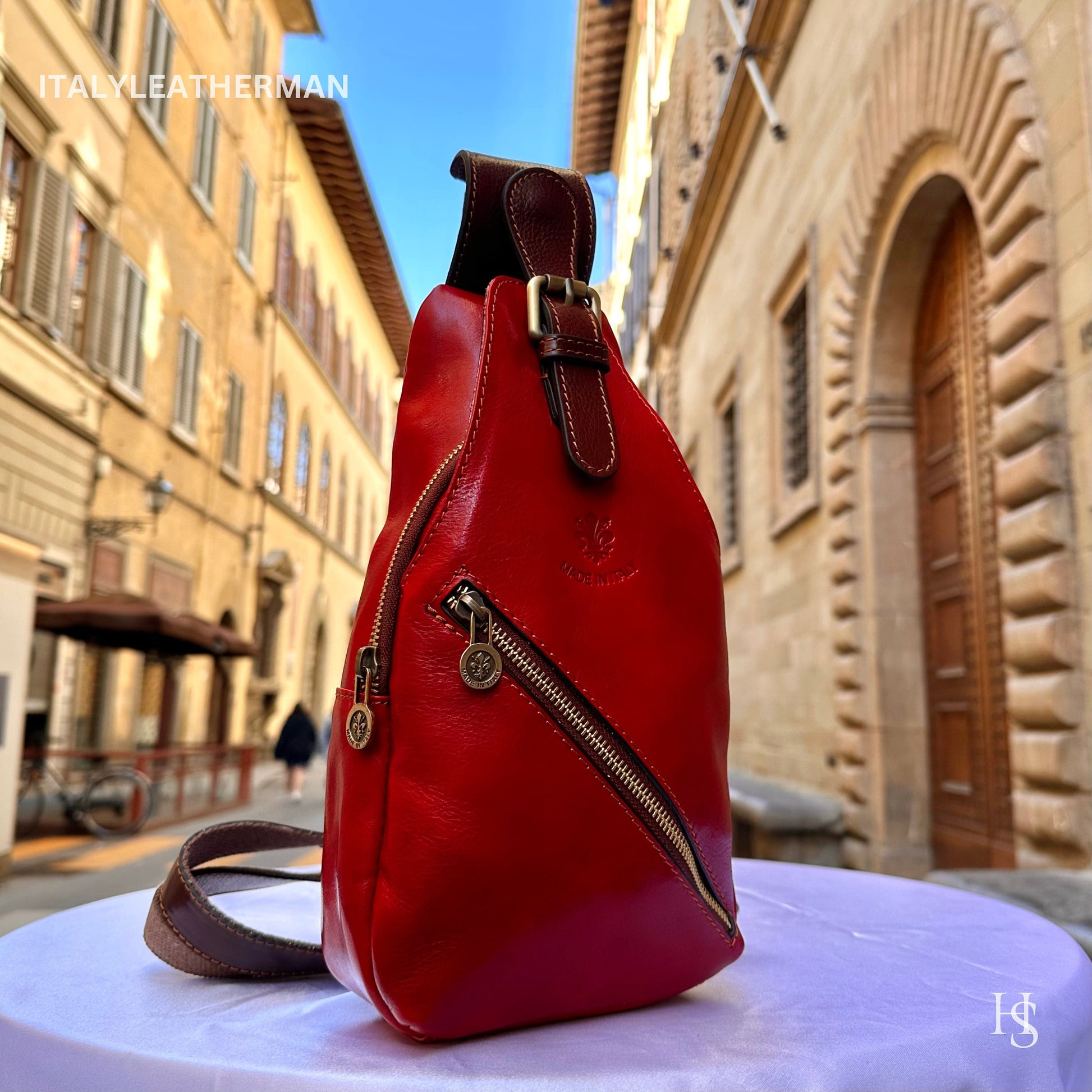 Italian Handmade Leather Sling Bags for Unisex Made In Italy from Florence | Waist Bag | Leather Fanny Pack, Red sling bag