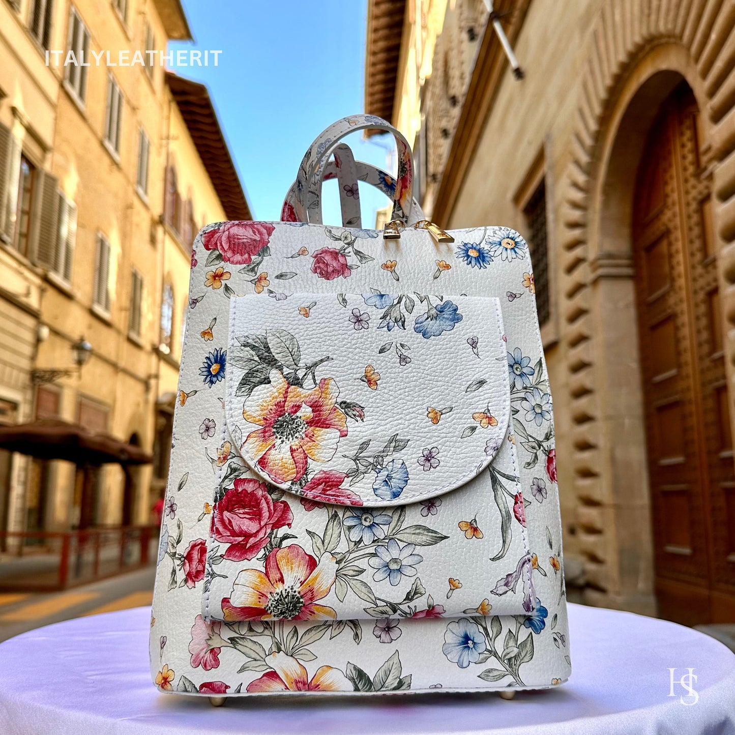 Italian Unisex Handmade Tuscan Leather Backpack From Florence, Made In Italy, Computer bag, flower backpack