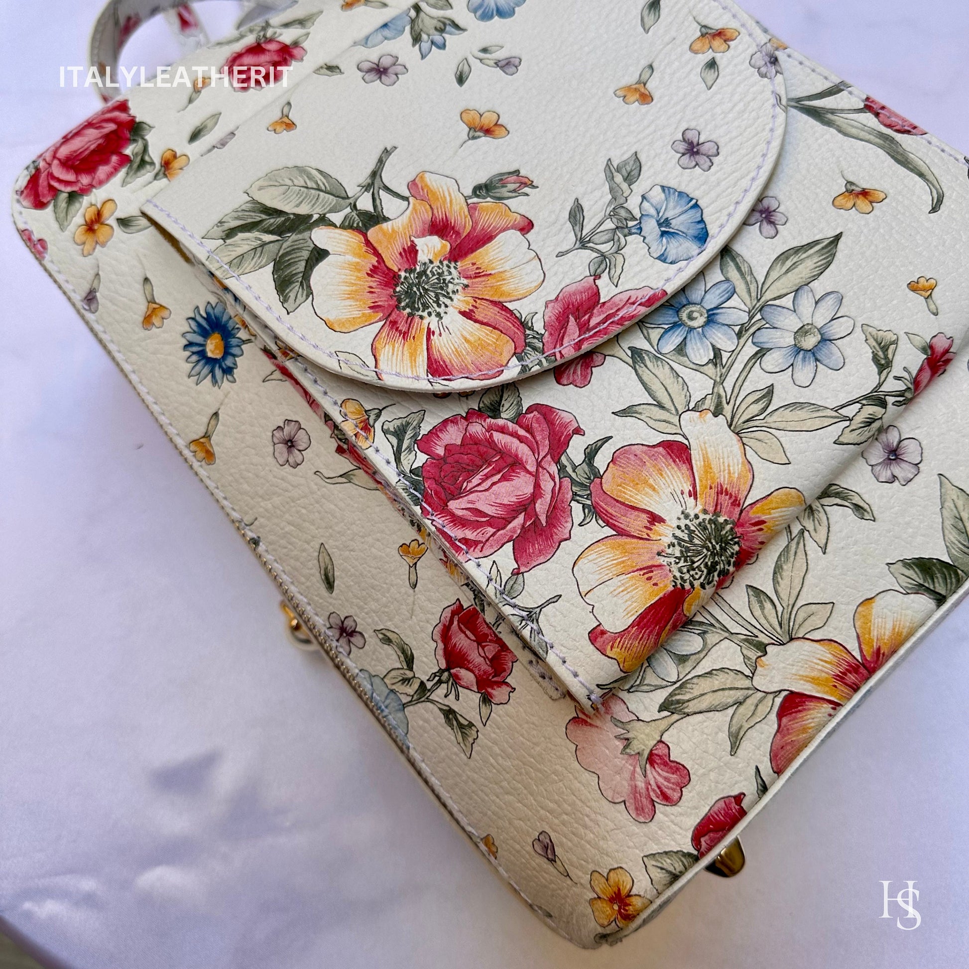 Italian Unisex Handmade Tuscan Leather Backpack From Florence, Made In Italy, Computer bag, flower backpack