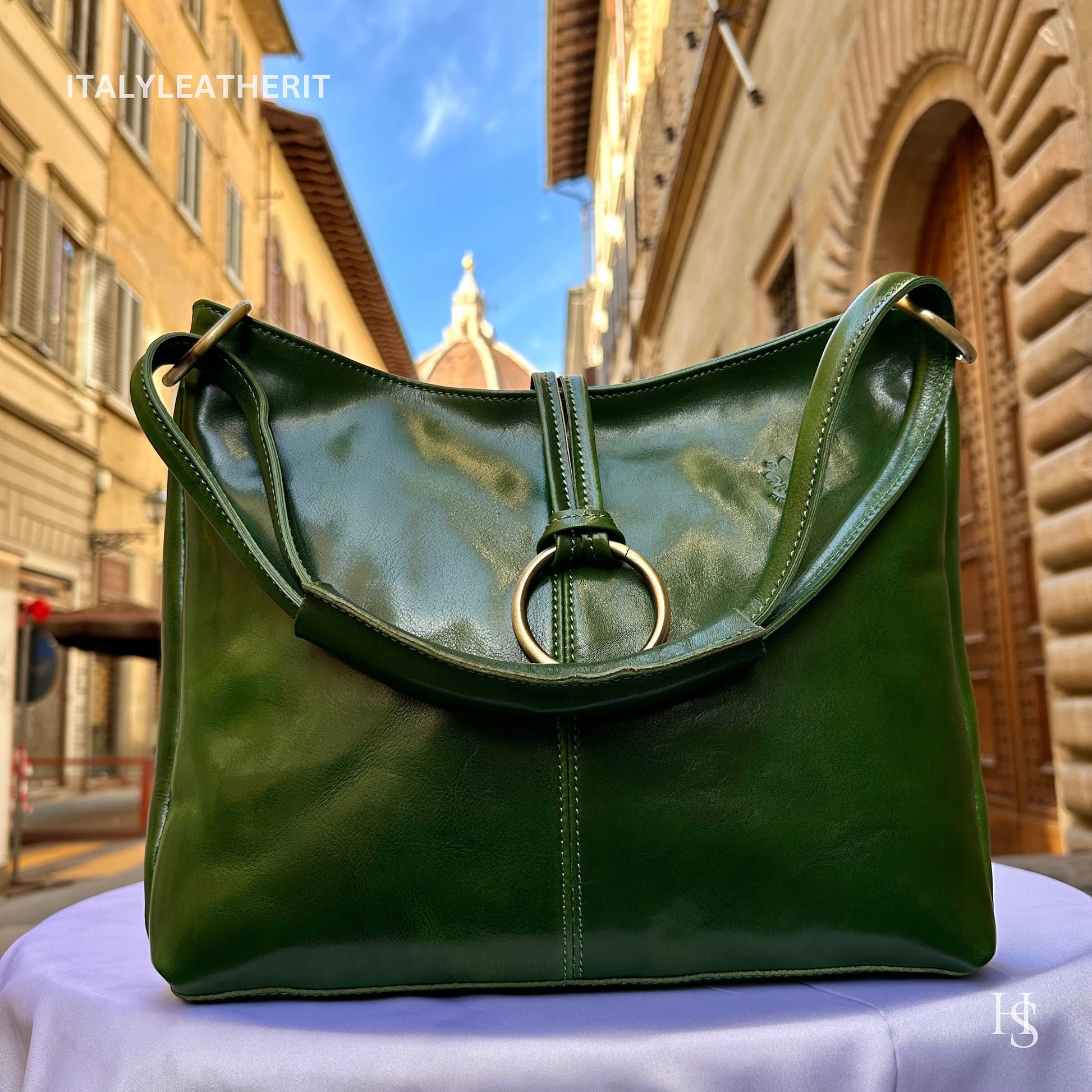 Italian Handmade Leather Bags For Women l l Elegant Leather Tote From Florence, Made in Italy, green shoulder bag