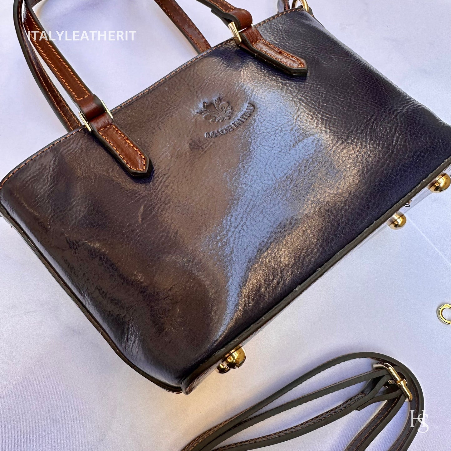 Italian Handmade Leather Bags For Women l l Elegant Leather Tote From Florence, Small boat bag, Made in Italy- Navy blue bag