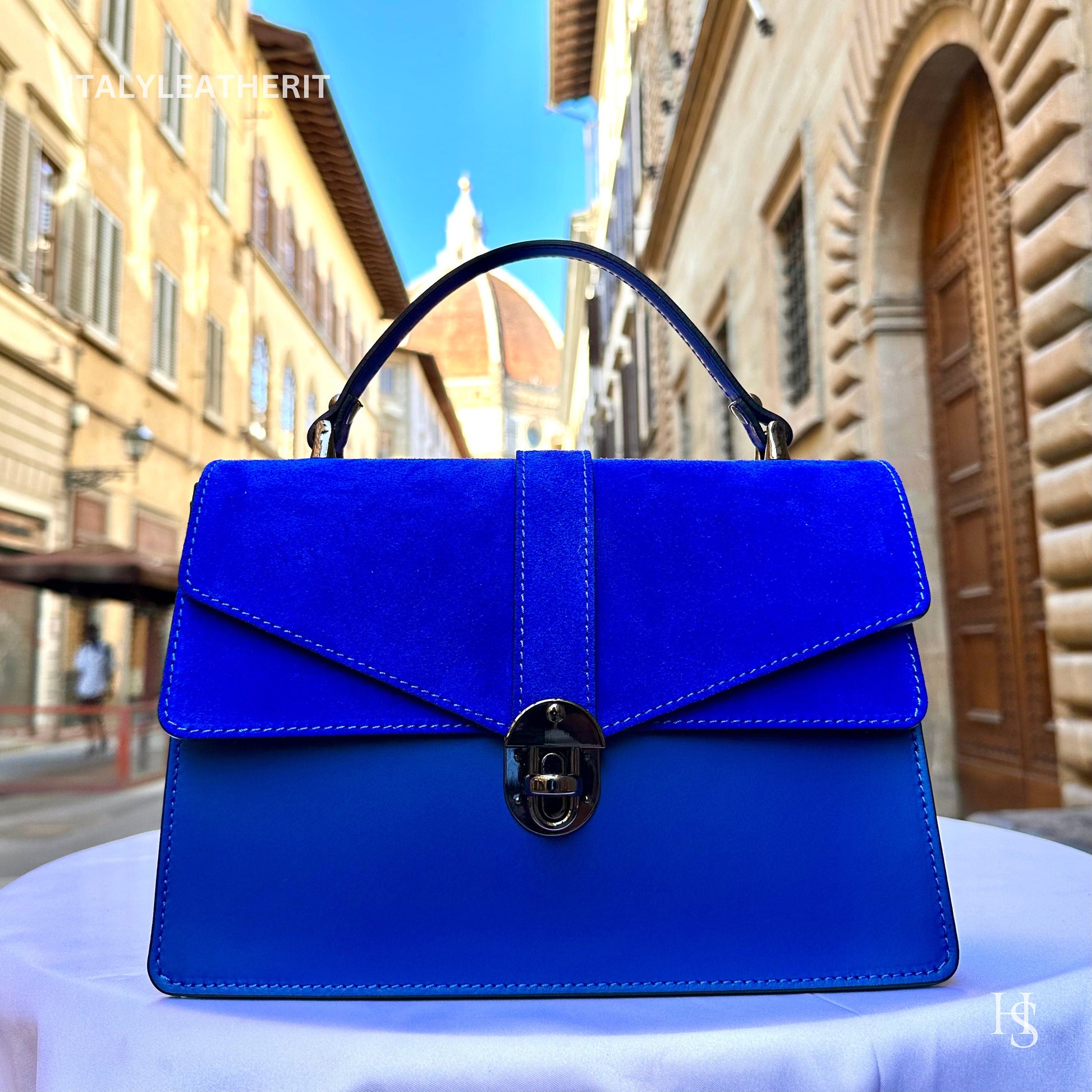 Italian Handmade Leather Bags For Women | Elegant Leather Tote From Florence | Made in Italy | Blue Leather Tote Bag