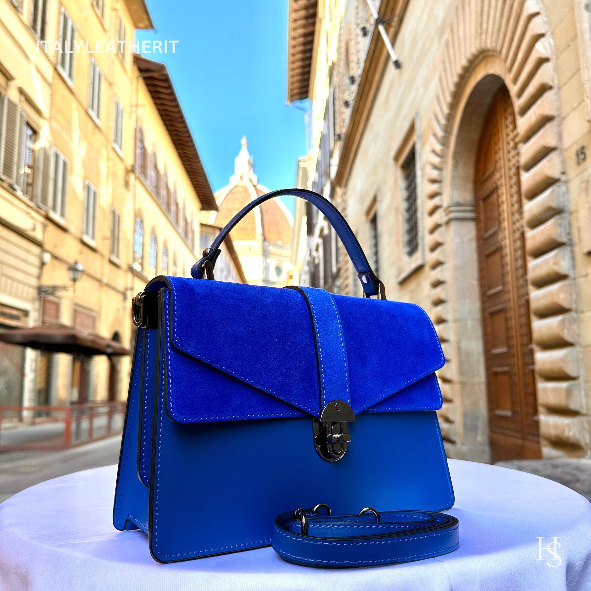 Italian Handmade Leather Bags For Women | Elegant Leather Tote From Florence | Made in Italy | Blue Leather Tote Bag