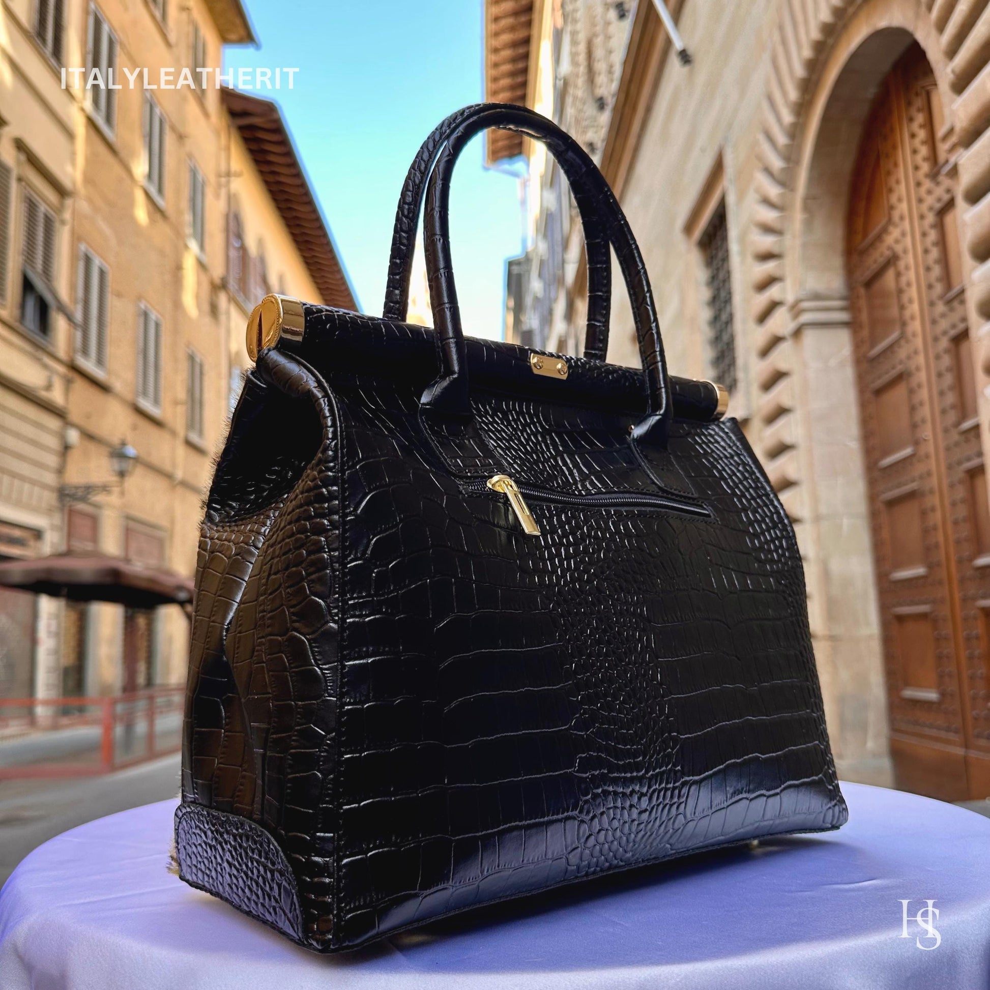 Italian Handmade Leather Bags For Woman l l Elegant Leather Tote From Florence, Black bag, Lock bag, Real Horse Hair
