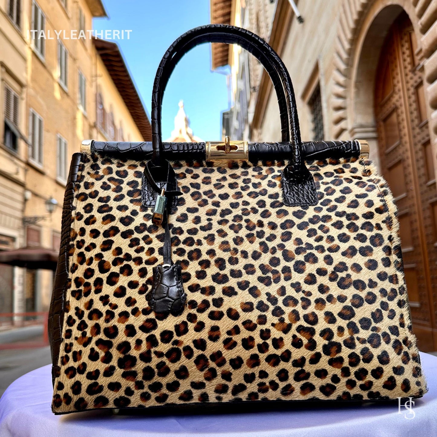 Italian Handmade Leather Bags For Woman l l Elegant Leather Tote From Florence, Black bag, Lock bag, Real Horse Hair