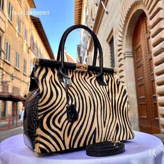 Italian Handmade Leather Bags For Woman l l Elegant Leather Tote From Florence, Black bag, Lock bag, Real Horse Hair