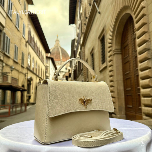 Italian Handmade Leather Bags for Women | Elegant Leather Tote from Florence with Bee-Shaped Accessory Clasp Closure