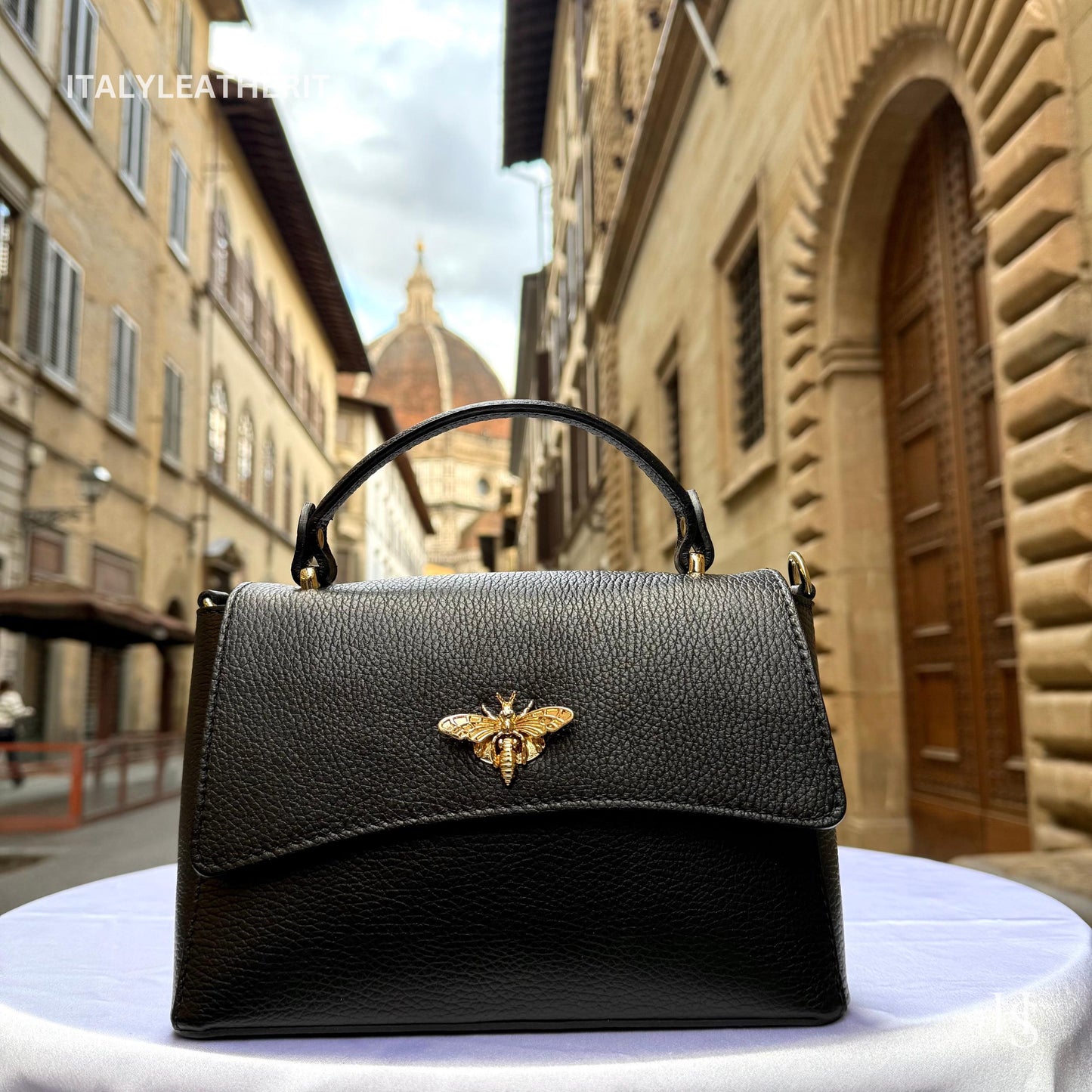 Italian Handmade Leather Bags for Women | Elegant Leather Tote from Florence with Bee-Shaped Accessory Clasp Closure