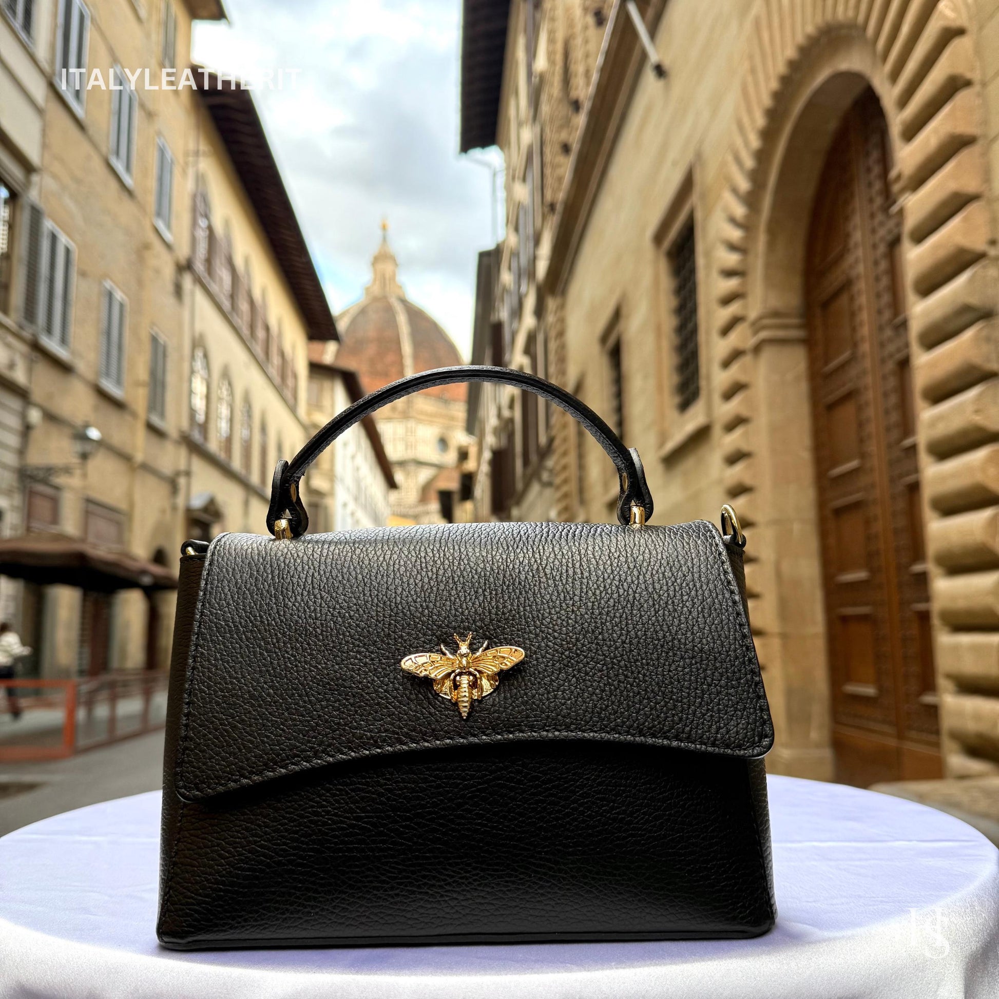 Italian Handmade Leather Bags for Women | Elegant Leather Tote from Florence with Bee-Shaped Accessory Clasp Closure
