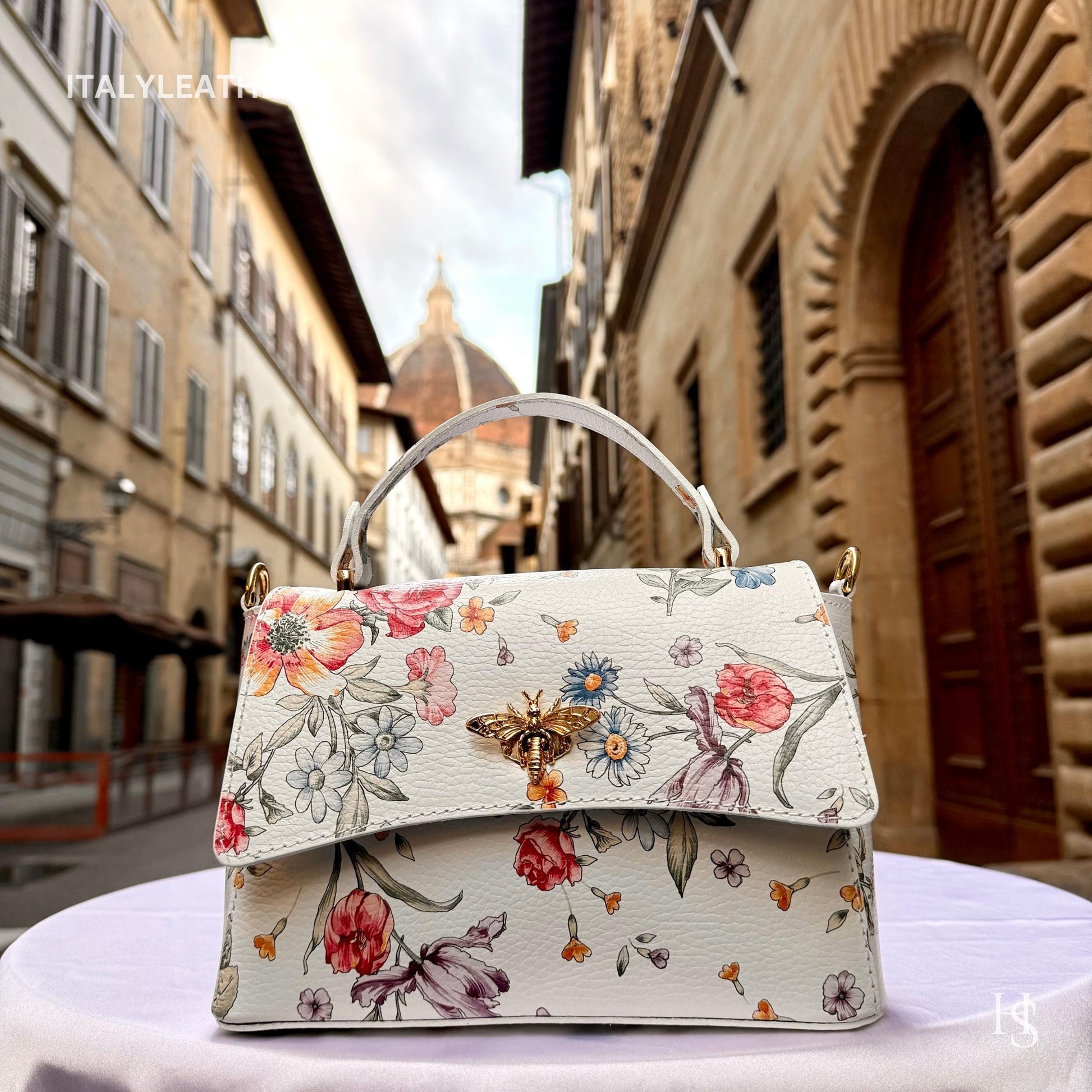 Italian Handmade Leather Bags for Women | Elegant Leather Tote from Florence with Bee-Shaped Accessory Clasp Closure