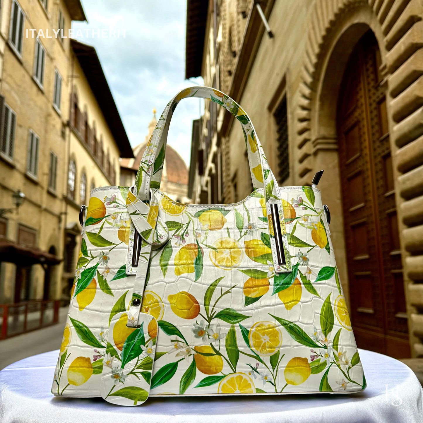 Italian Handmade Leather Bags For Woman l Elegant Leather Tote From Florence || Made in Italy, Flower lemon Purse